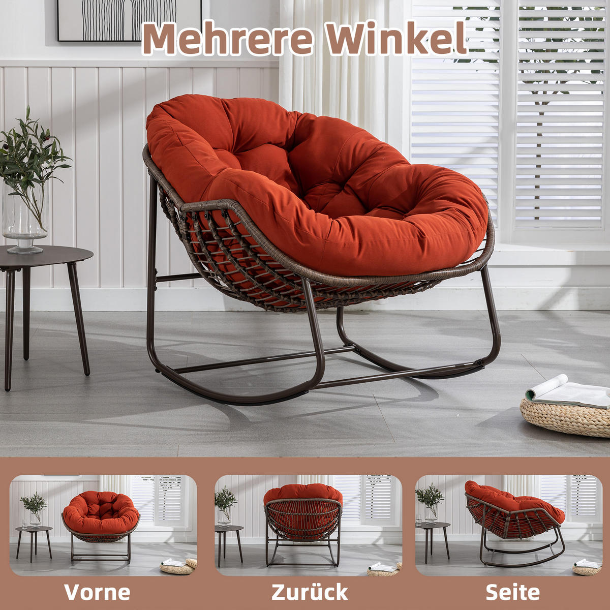 SCHAUKELSTUHL Schaukelsessel Garten,Rattanstuhl mit Stahlrahmen,Orange-Polyester - Orange, Metall (94.5/80/111cm) - LVHOM
