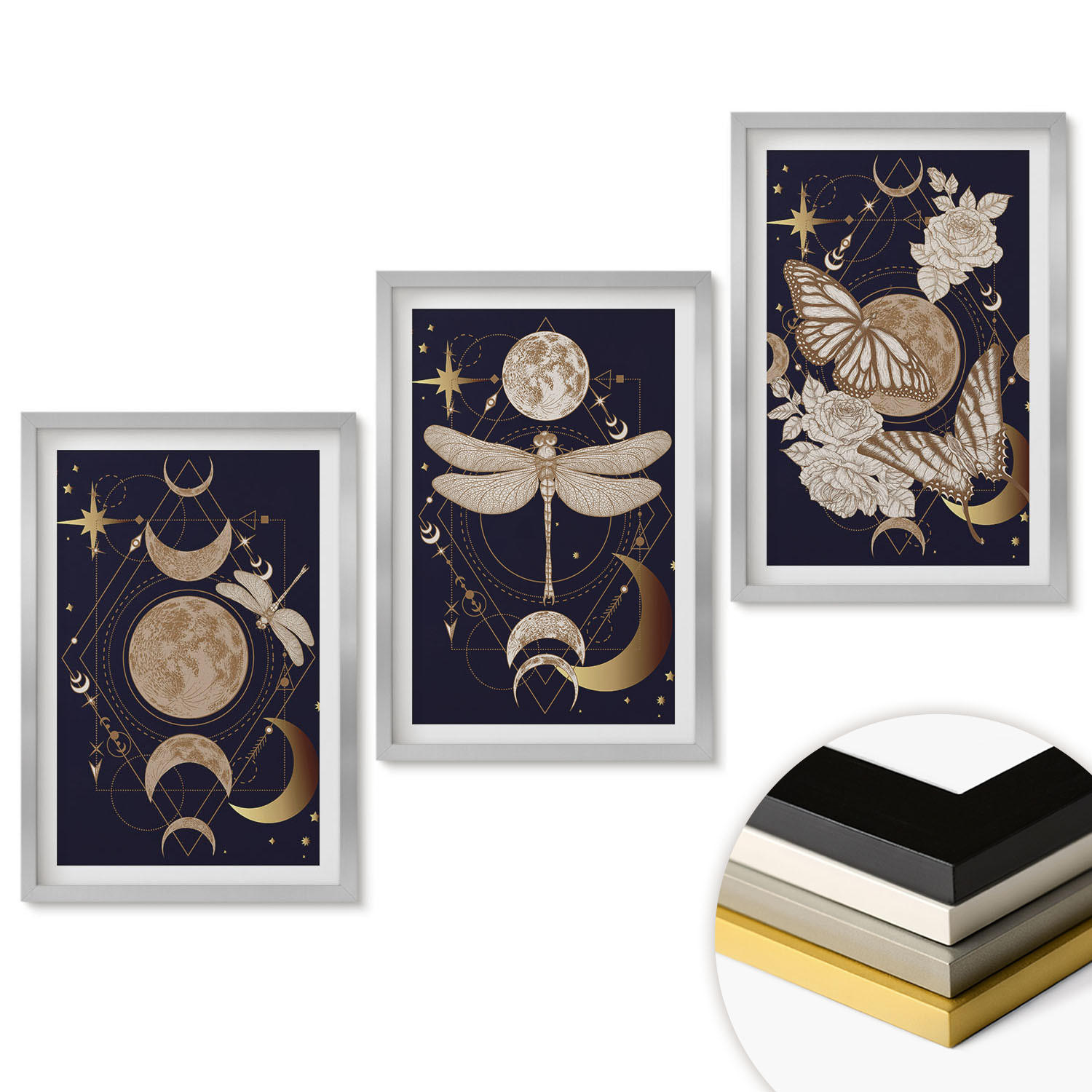 WANDBILDER 3er Set - 40x60 cm Silberner Rahmen - Naturmotive Mondblumen - Silberfarben, Kunststoff (40/60cm) - ArtPrintCave