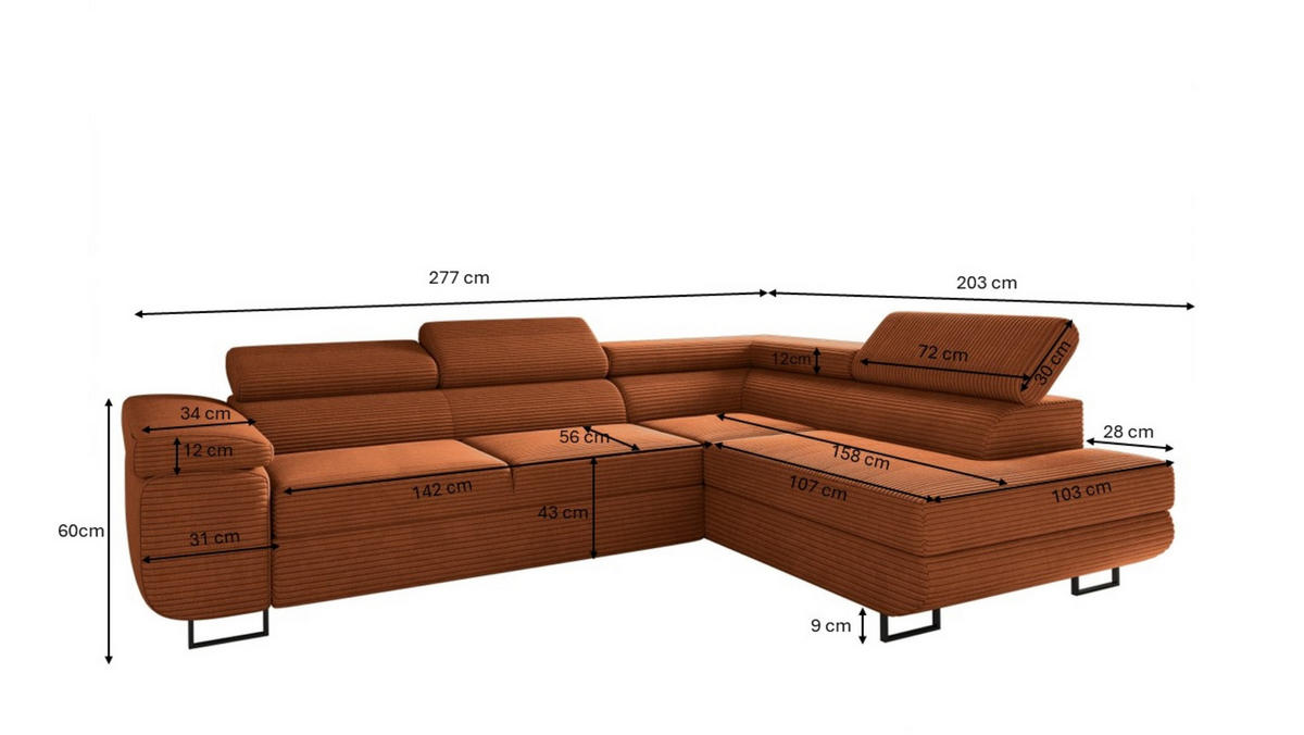 ECKSOFA ATOMIC Mit Schlaffunktion, Stoff Poso, Kupfer, Rechts - Rostfarben, Holz (277/203cm) - Kaiser Möbel