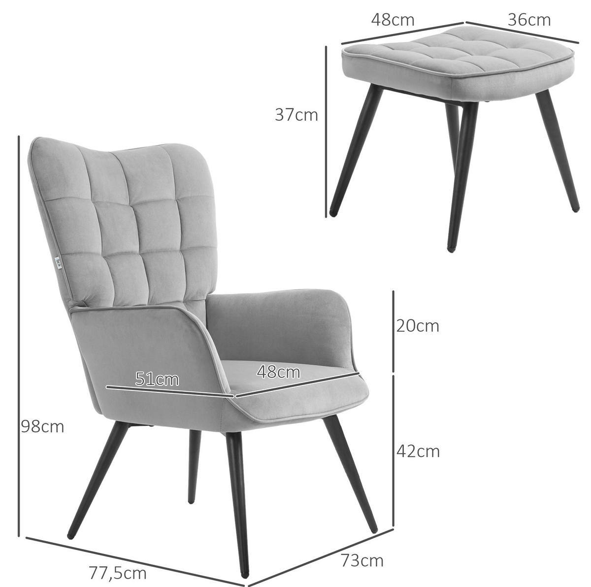 OHRENSESSEL-SET mit Hocker hohe Rückenlehne, Stahlgestell 73/77,5/98 cm Hellgrau - Hellgrau, Metall (77.5/98/73cm) - Redom