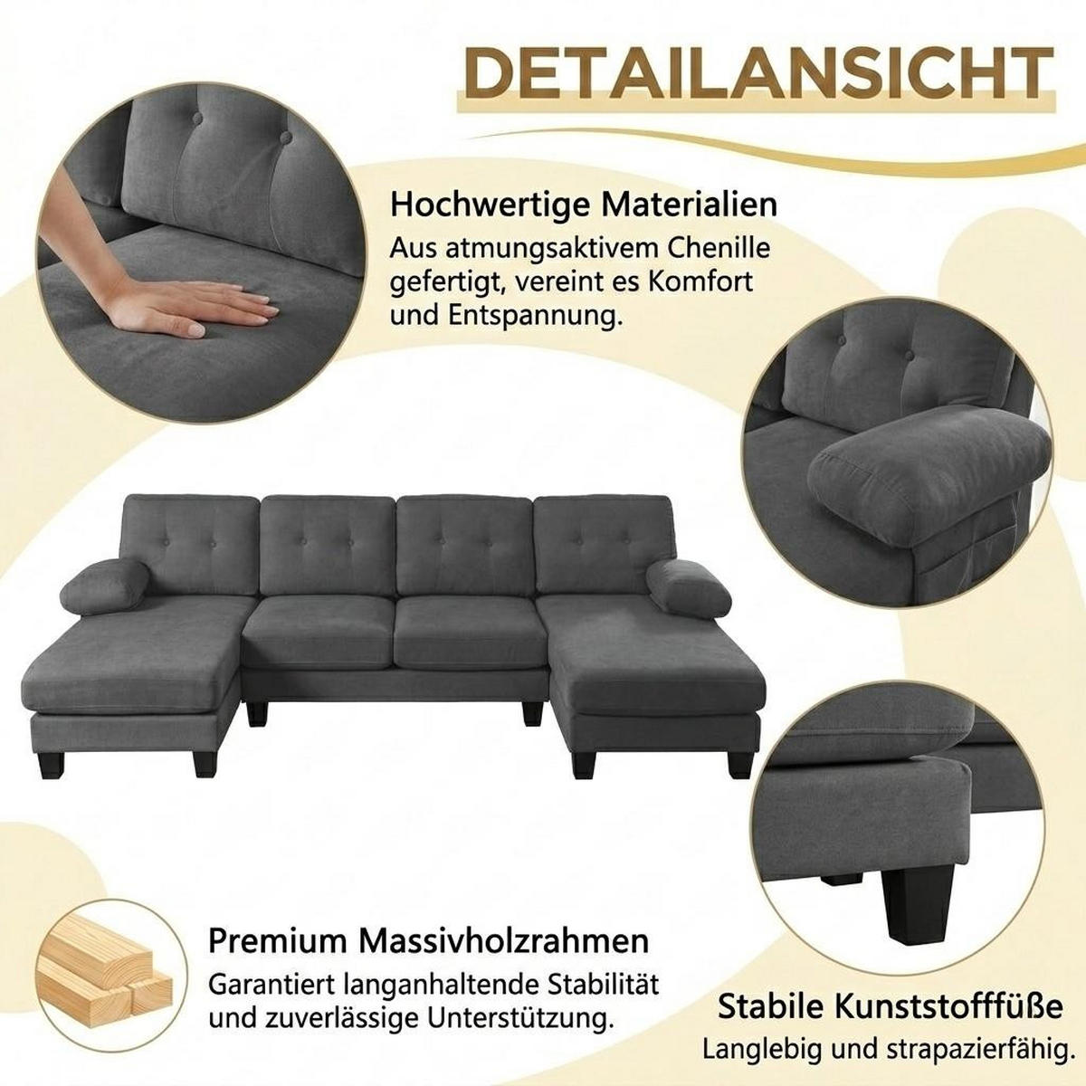 WOHNLANDSCHAFT 268/128/84 cm Grau Chenille - Grau, Textil (242/84/128cm) - Oxeza