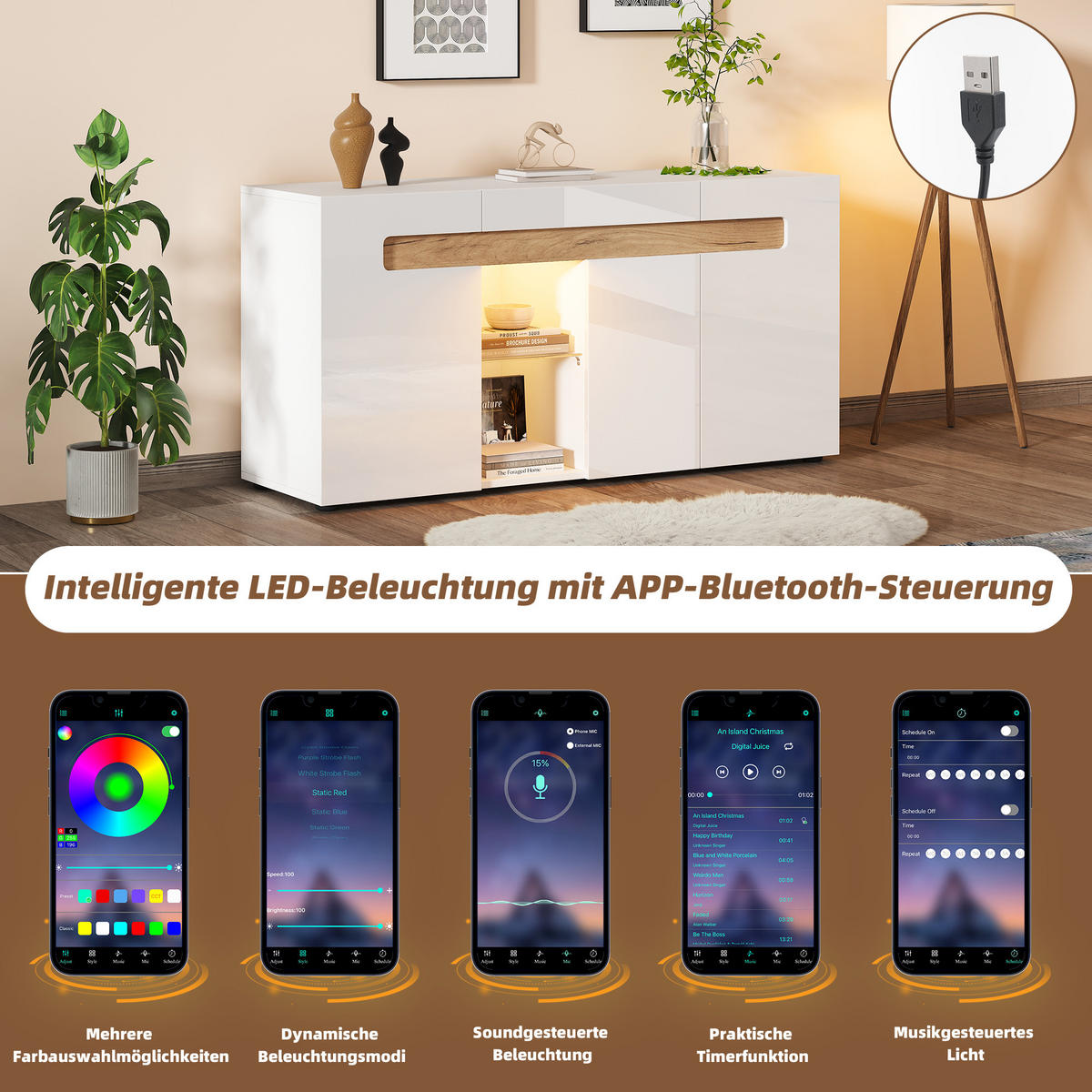 SIDEBOARD LED Weiß 3 Türen App Glas 140x40x70cm Hochglanz - Multicolor, Holzwerkstoff (40/70/140cm) - FLIEKS