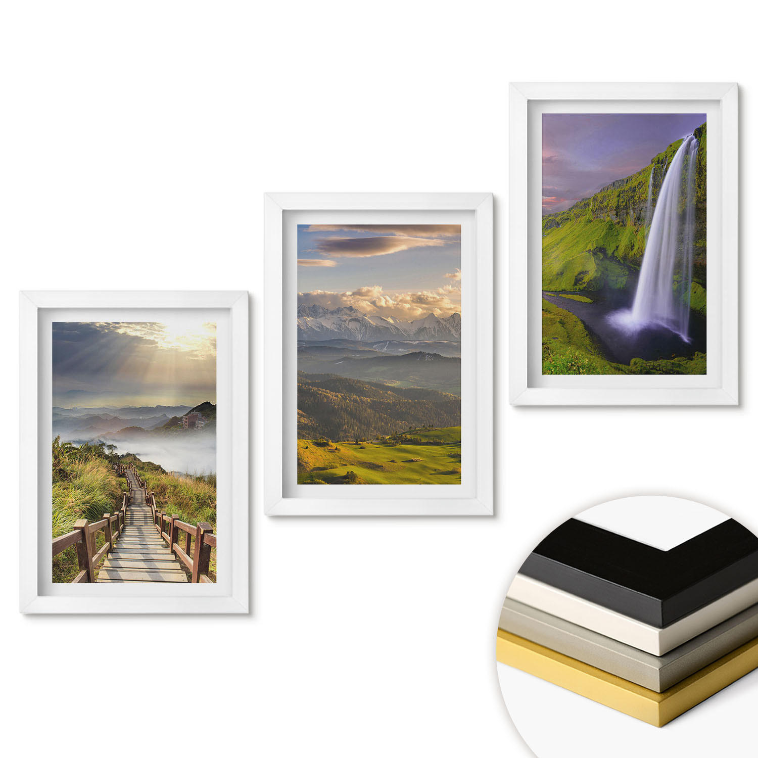 WANDBILDER 3er-Set - 20x30 cm Weißer Rahmen - Berglandschaften Wasserfall - Weiß, Kunststoff (20/30cm) - ArtPrintCave