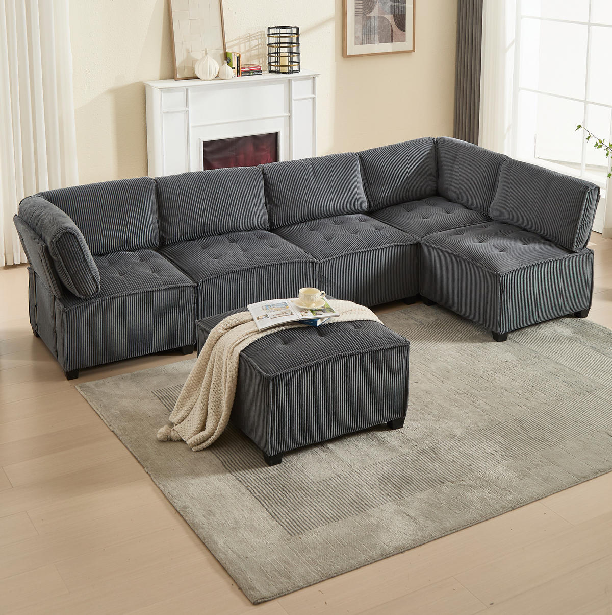 MODULARES 6-Sitzer Sofa Cord flexibel als U-/L-Form und Eckschlafsofa Grau 308/154/82 cm - Grau, Textil (154/308cm) - Redom