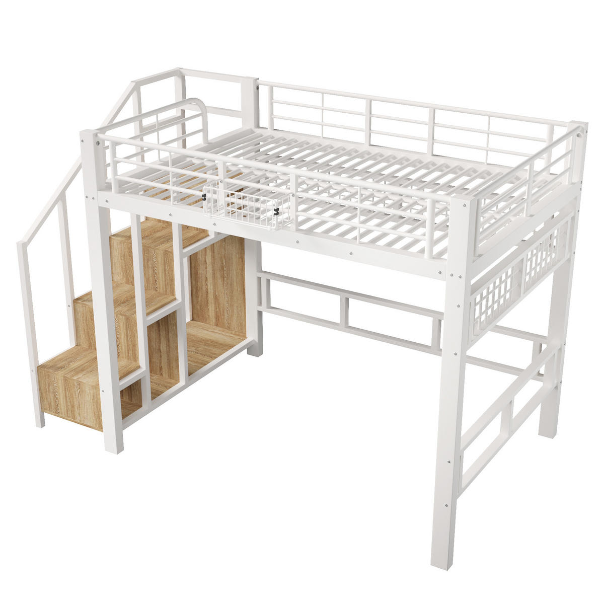 HOCHBETT 140/200 cm mit Metallgestell Weiß, Stauraumtreppe, Aufhänggitter und LED-Licht - Weiß, Metall
