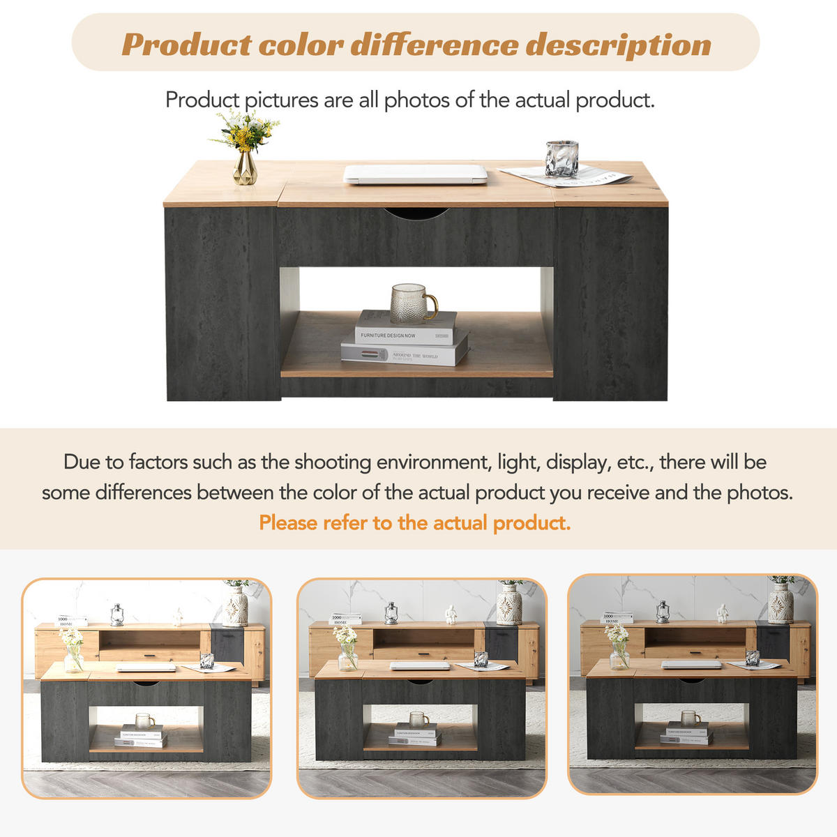 COUCHTISCH 109,5/59,7/43 cm grau braun aus Holzwerkstoff mit Liftfunktion und Stauraum - Grau, Holzwerkstoff (109.5/59.7/43cm) - OKWISH