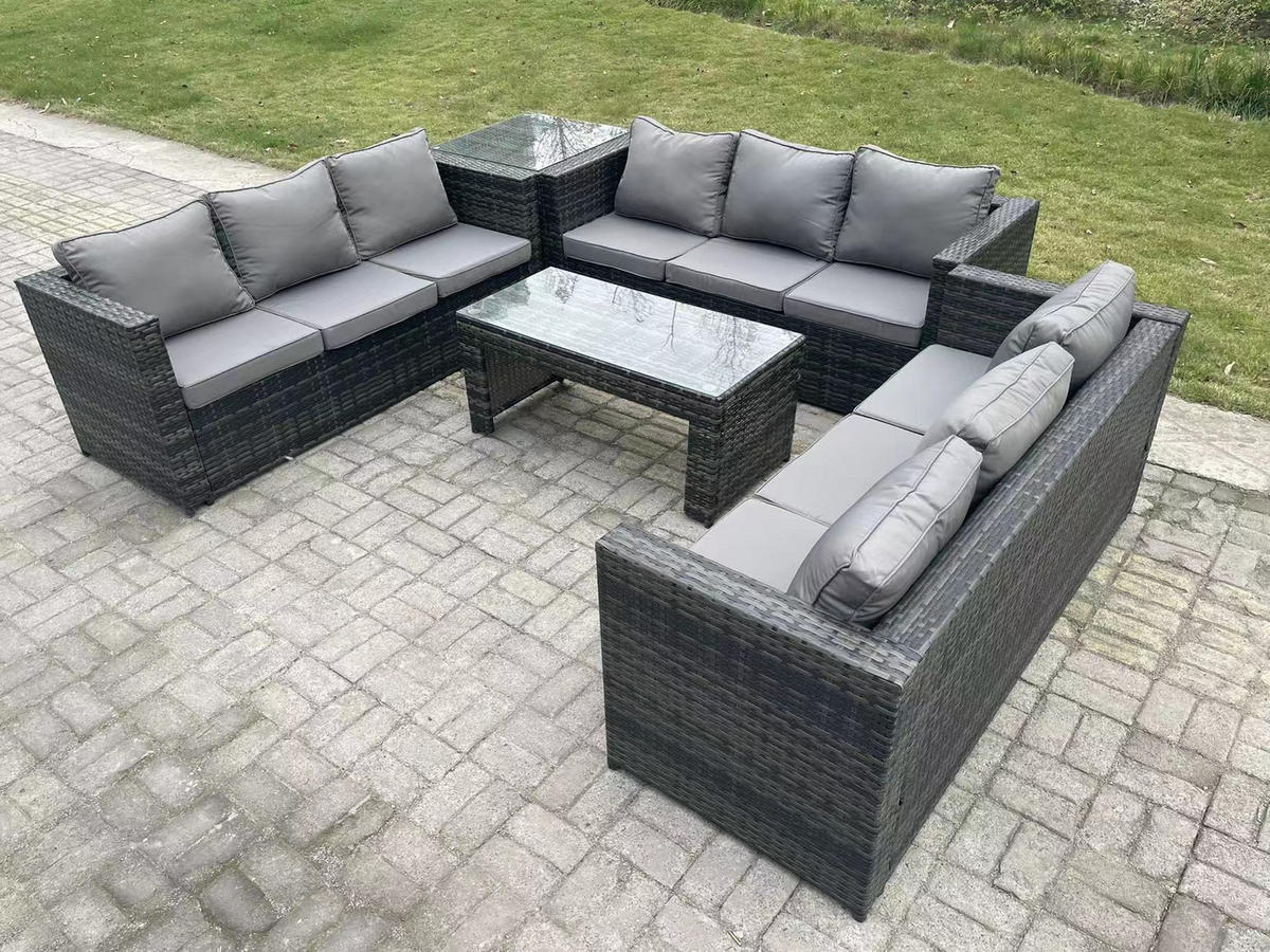 GARTENSOFA Hohe Rückenlehne Polyrattan 9-Sitzer - Dunkelgrau/Grau, Glas/Kunststoff - Fimous