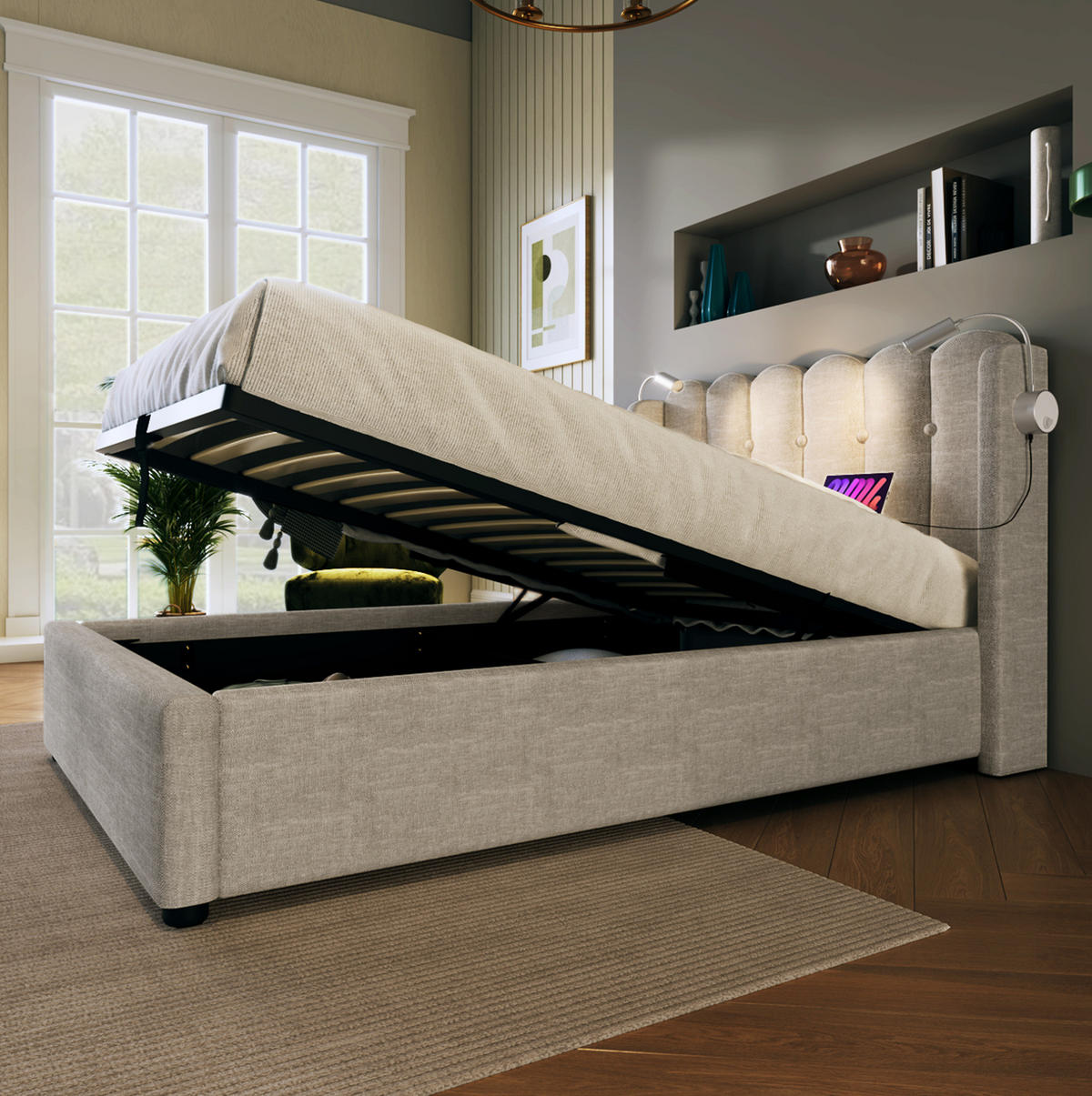 POLSTERBETT mit Bettkasten, Leselicht und USB 90x200 cm Beige - Beige, Metall (90/200cm) - Meubliv