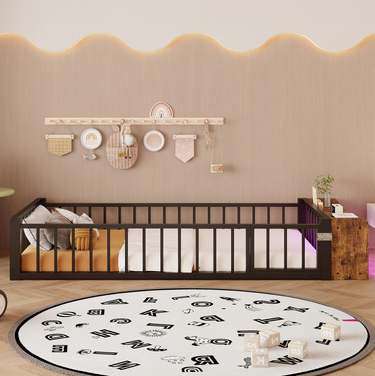 KINDERBETT 90/200 cm Schwarz aus Metall und MDF mit Schutzgeländer und Stauraum - Schwarz, Metall (90/200cm) - OKMYHOME
