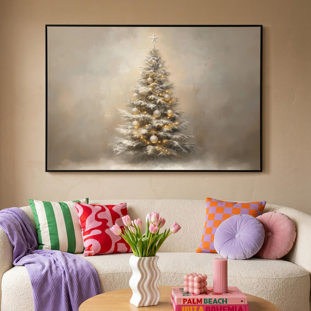 LEINWAND Bilder mit Rahmen - Weihnachten - Weihnachtsbaum - Schnee - Kunst - 140x90 - Champagner, Textil (140/90cm) - MuchoWow