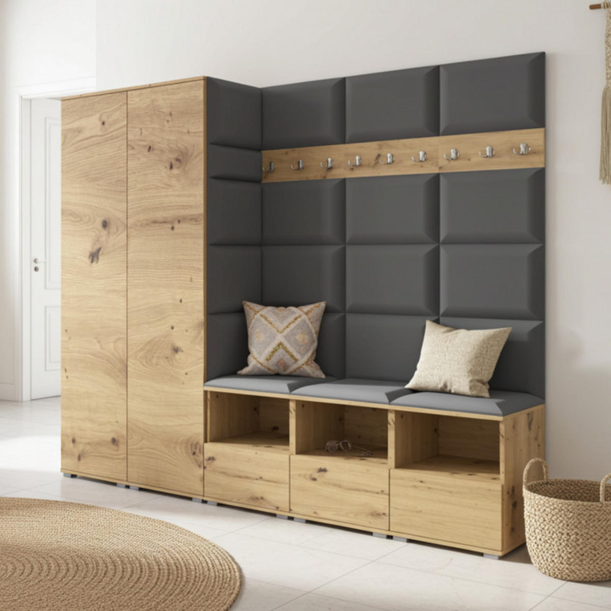 GARDEROBE NELA VII 250 cm (Modulare Flurmöbel XL Artisan Eiche mit Sitzpolster Dunkelgrau 15 2 Schränke) - Dunkelgrau/Silberfarben, Holz/Holzwerkstoff (250/187/40cm) - Ravio