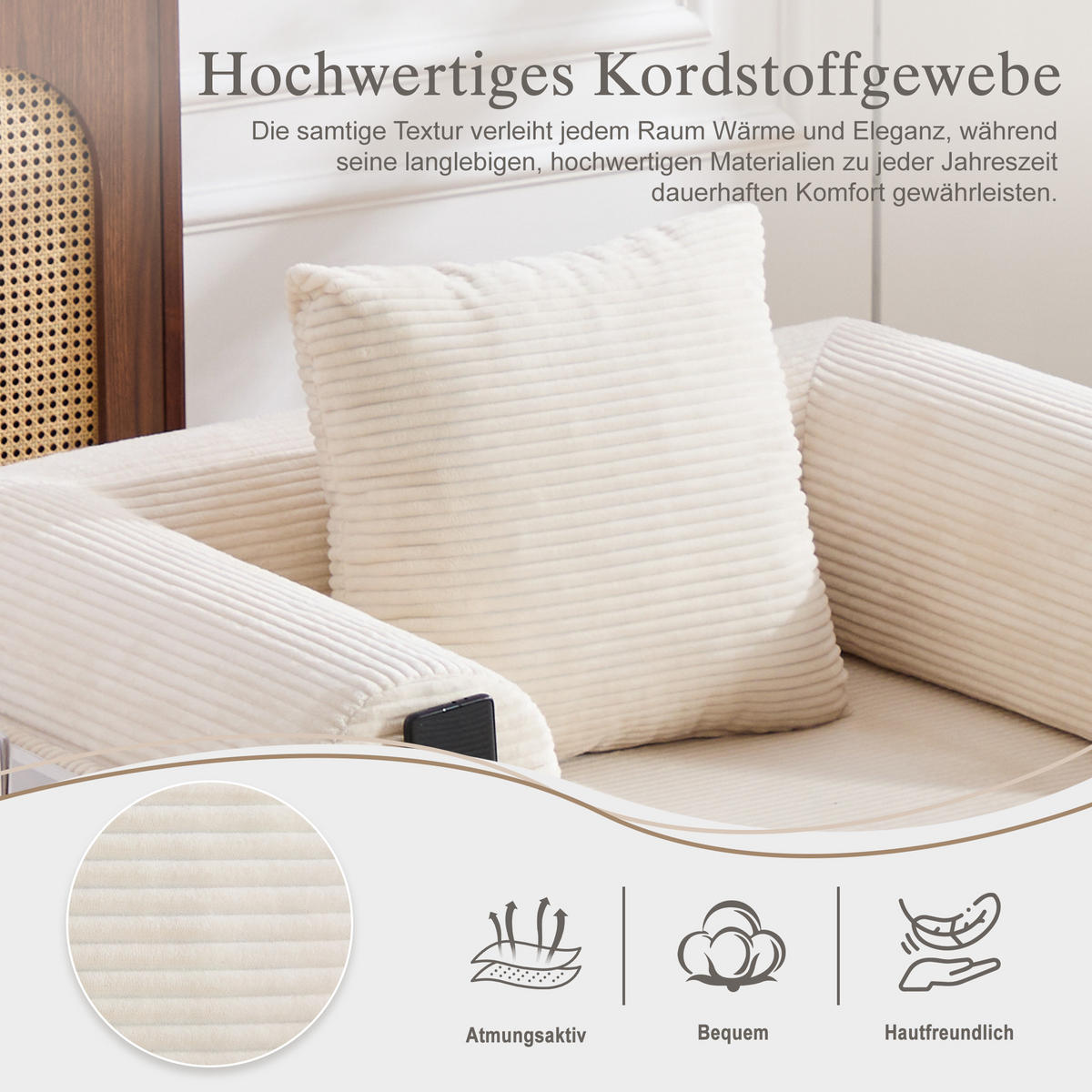 SOFA Cord Beige mit Kissen und Hocker - Beige, Textil/Metall (112/67/190cm) - WISHDOR