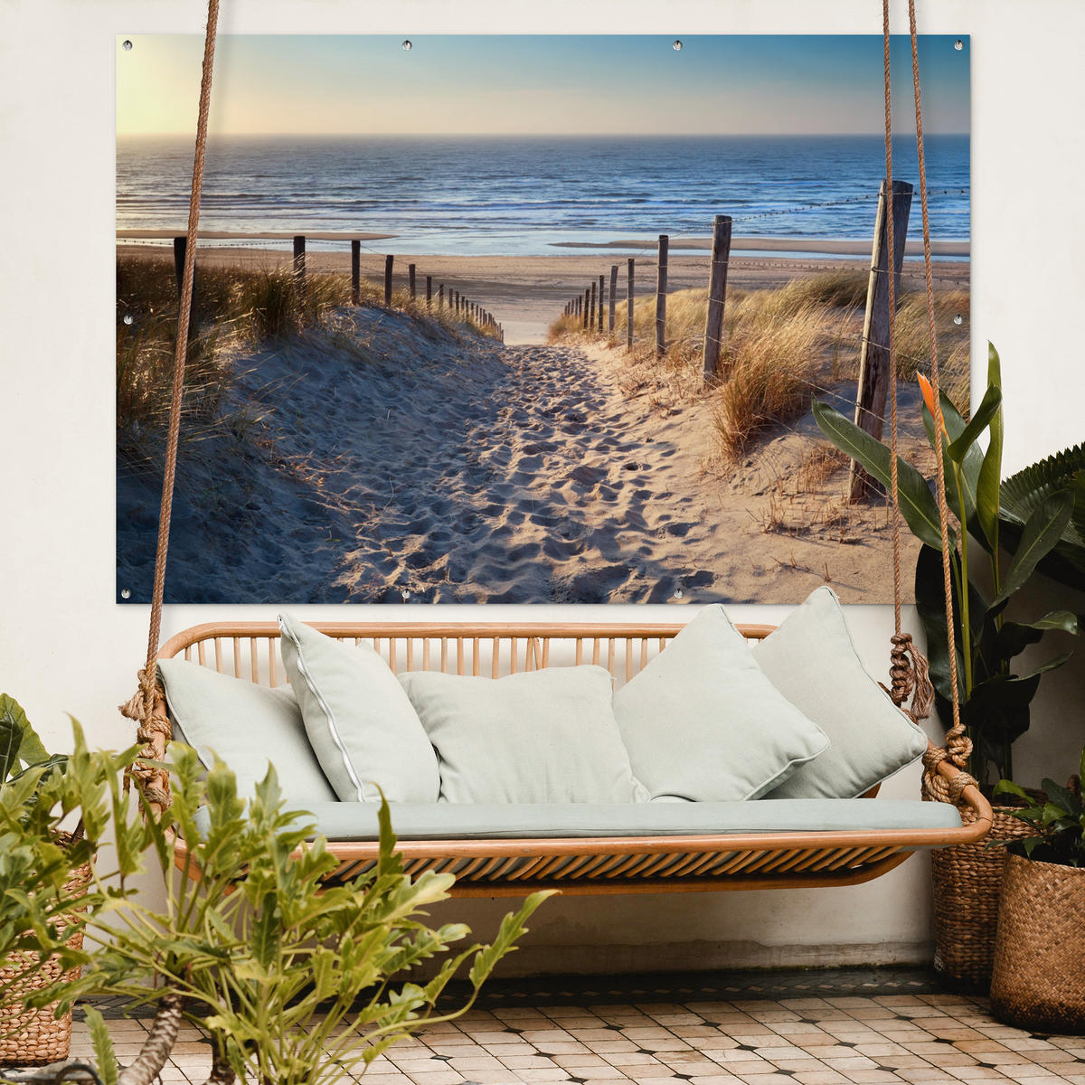 ZAHRADNÍ PLAKÁT Pláž - moře - Nizozemsko - duny - slunce 180x120 cm - písková barva, plast (180/120/0.2cm) - OnlyWow