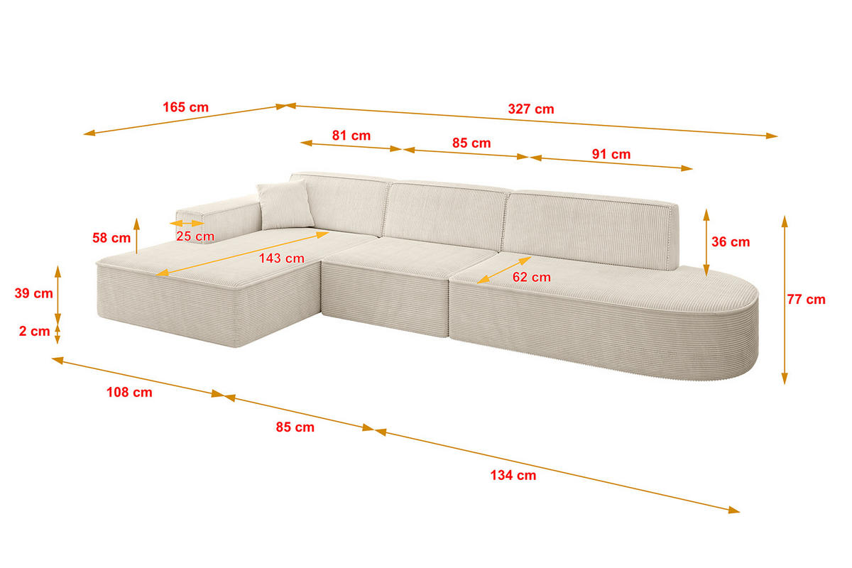 ECKSOFA Ottomane Links IREA-L2-v4 - 327x165x77 cm Beige - Beige, Holzwerkstoff/Textil (327/165cm) - ALTDECOR