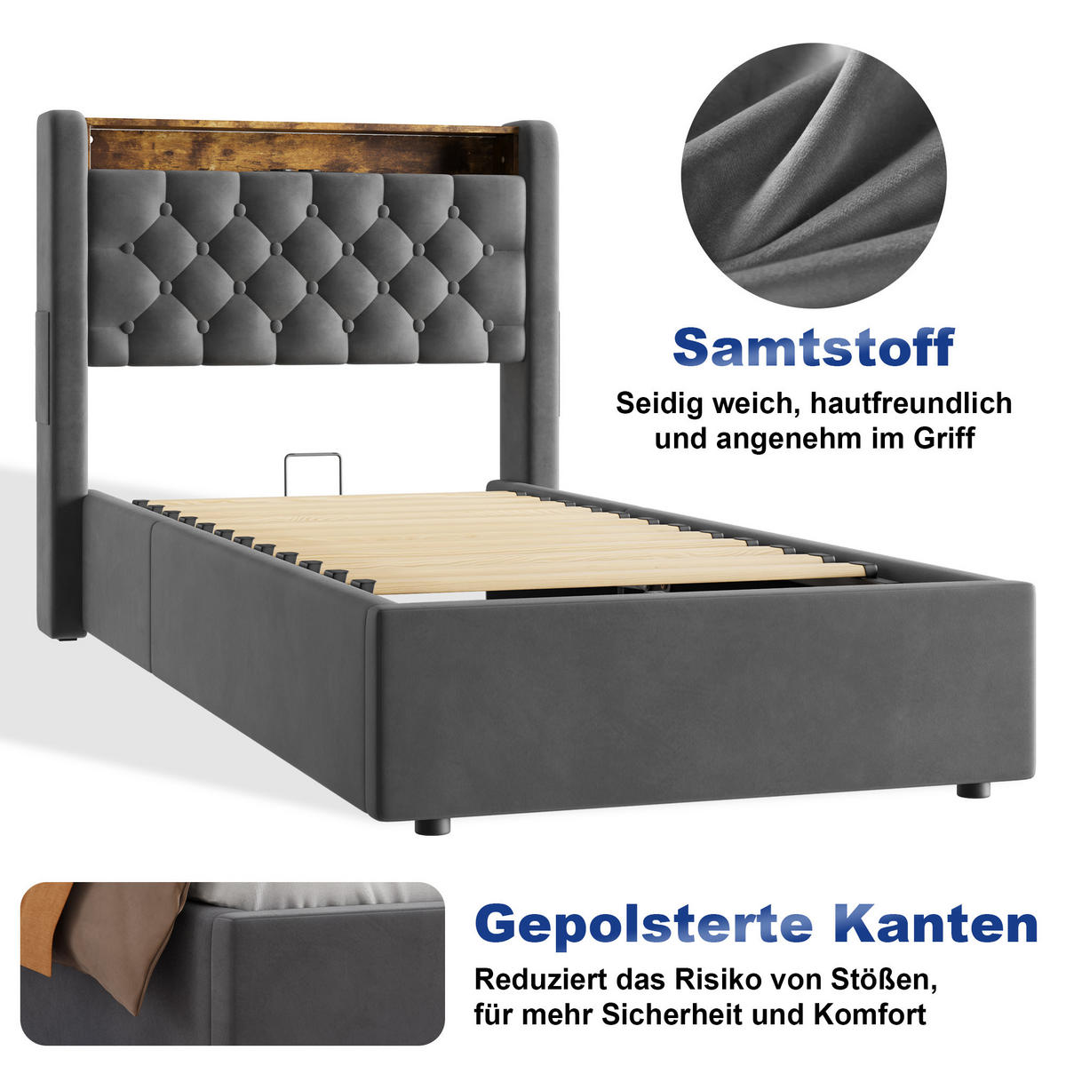 POLSTERBETT 90/200 cm mit hydraulischem Bettkasten, Schubladen, Klappbares Kopfteil, LED-Beleuchtung, Grau - Grau, Textil (90/200cm) - Redom