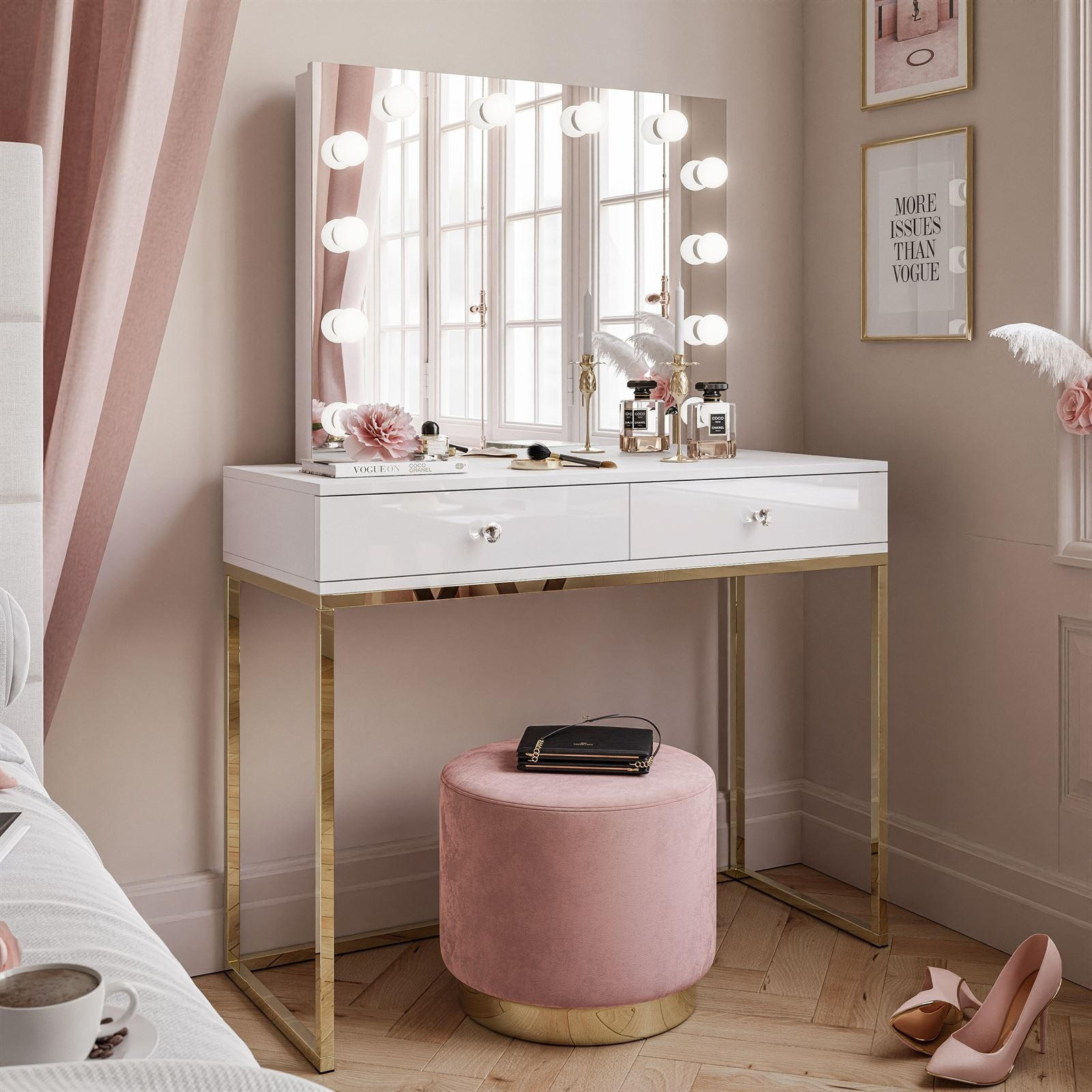 SCHMINKTISCH BLANCO ELITE mit Spiegel und Beleuchtung Gold Chrom Weiß Hochglanz Kristallgriff - Weiß Hochglanz/Transparent, Holzwerkstoff (100/146/42cm) - Lookway