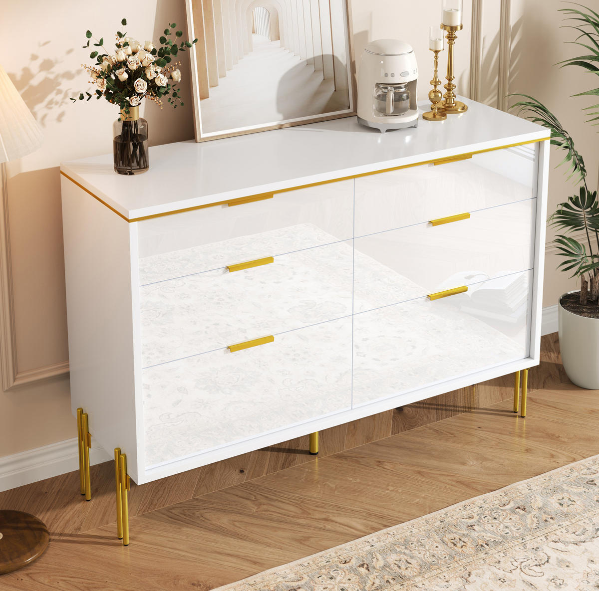 SIDEBOARD 120/40/85,5 cm mit 6 Schubladen und Hochglanzfronten, Weiß - Weiß, Holzwerkstoff (120/85.5/40cm) - Redom