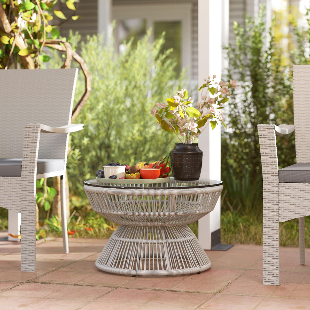 GARTENBEISTELLTISCH DE-13612 rund mit Glasplatte Natur - Hellgrau, Kunststoff/Metall (60/60/37cm) - ComfortXL