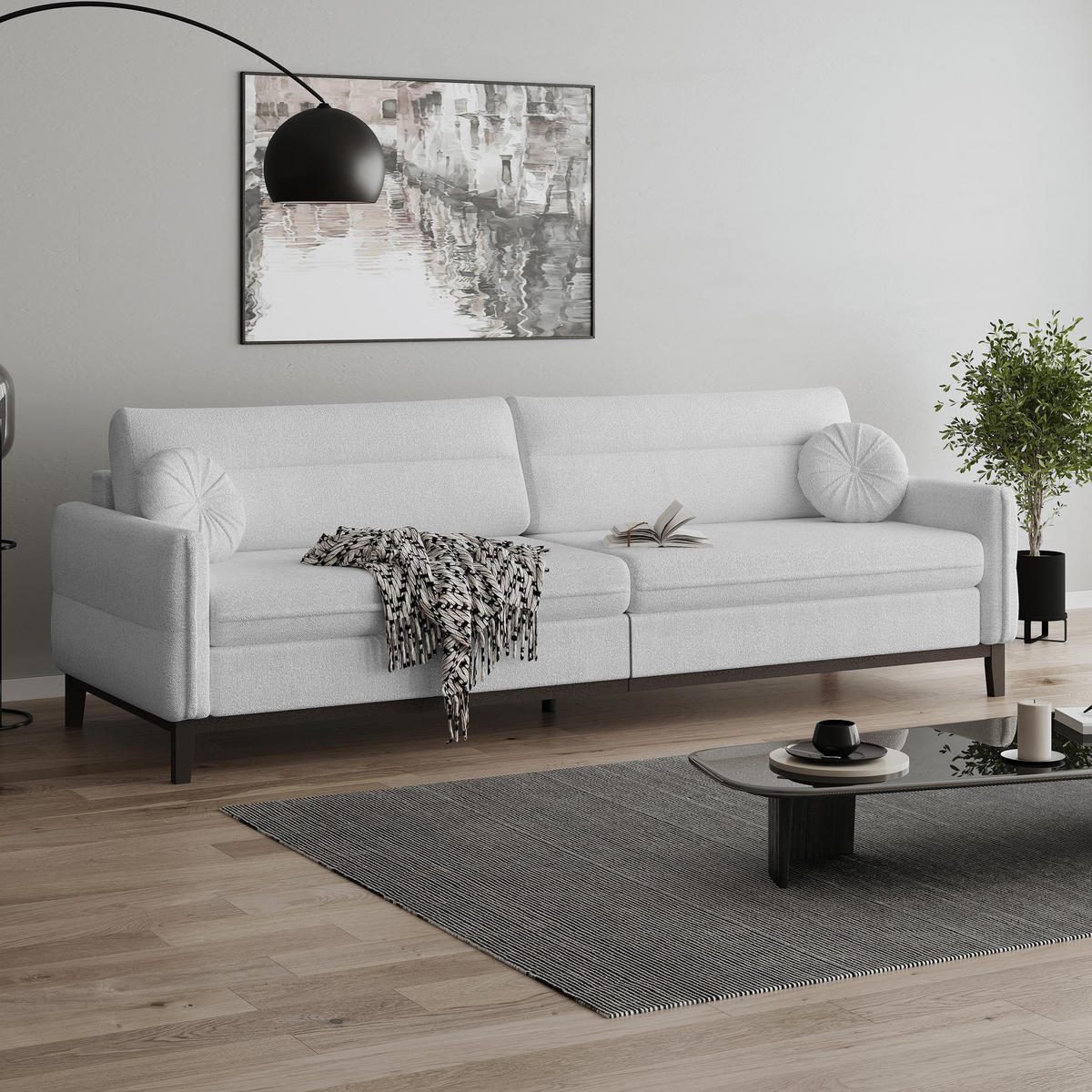 SITZGARNITUR Belweder, zwei Sofas+Sessel, Hellgrau, Bouclé - Wengefarben/Hellgrau, Holz/Textil (268/95/94cm) - Beautysofa