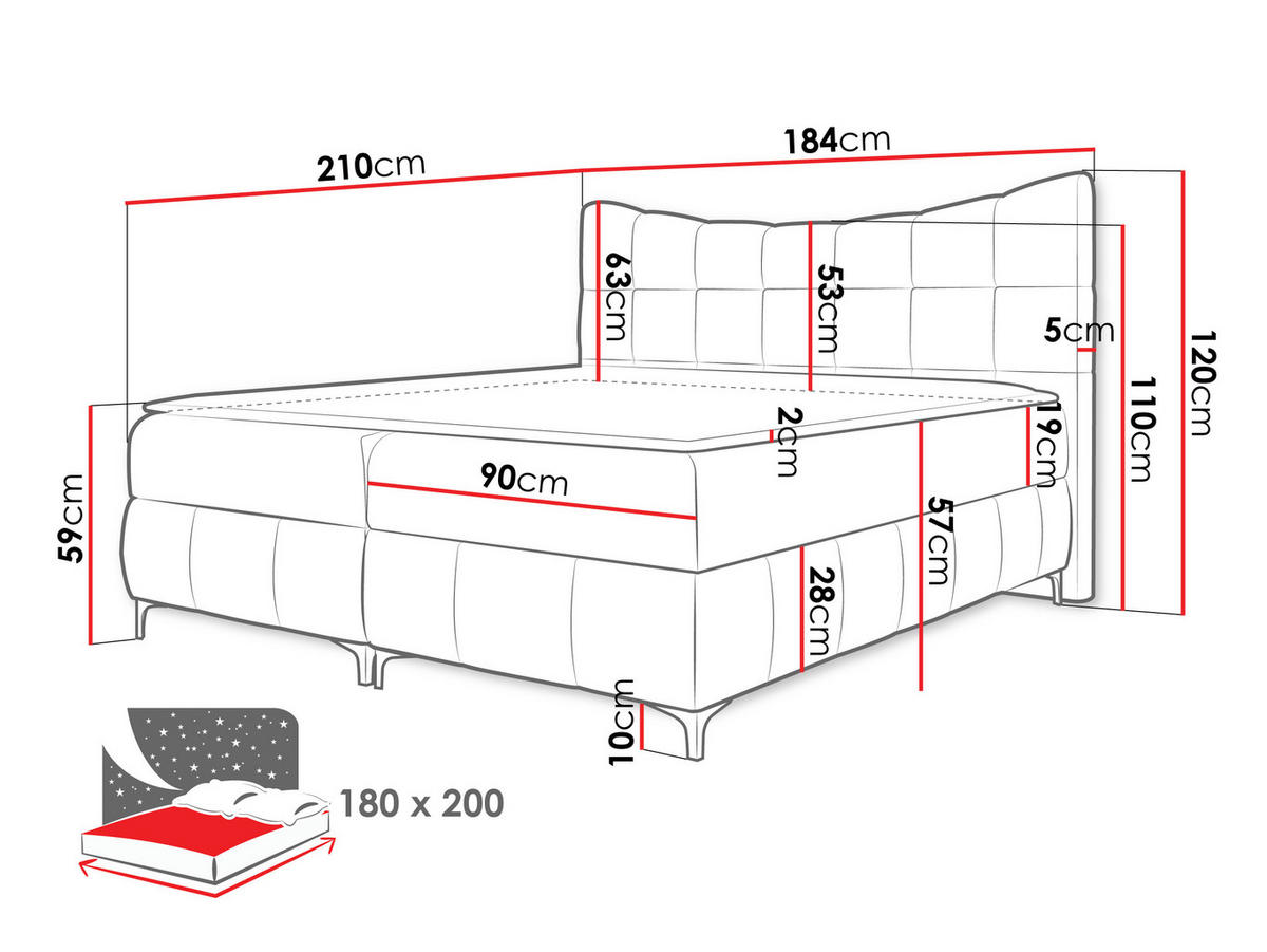 BOXBETT Nova - Schwarz/Rosa, Holz/Textil (180/200cm) - MIRJAN24