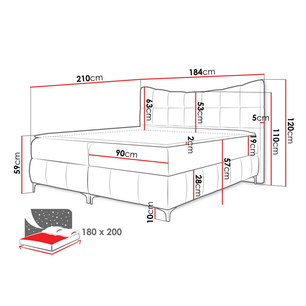 Thumbnail - Mirjan24 Boxbett, Grau, Textil, Kiefer, H3, Höhe ca. 19 cm, Rechteckig, 180x200 cm, Schlafzimmer, Betten, Boxspringbette...