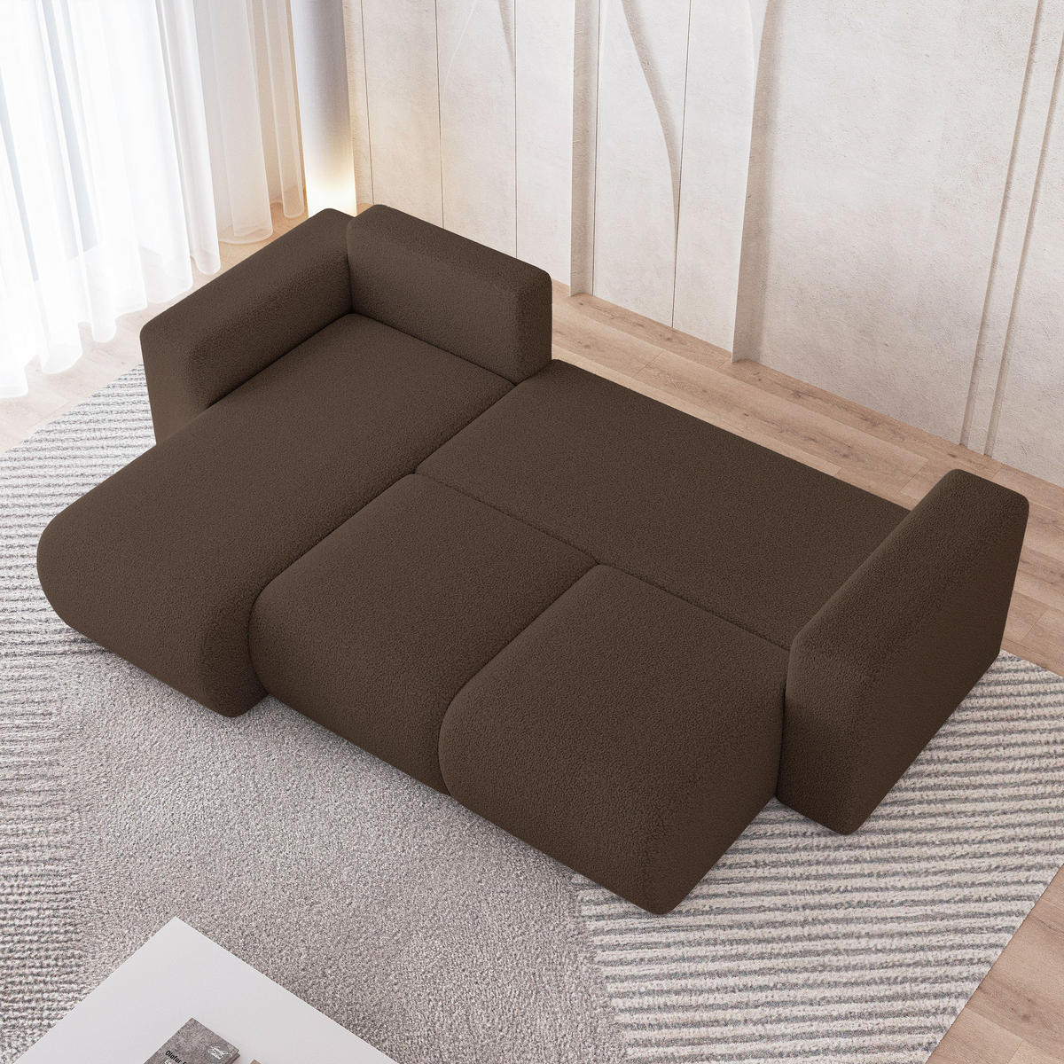 ECKSOFA RINOVA Braun Boucle-Stoff mit Schlaffunktion - Braun, Holz (250/143cm) - MASSENO