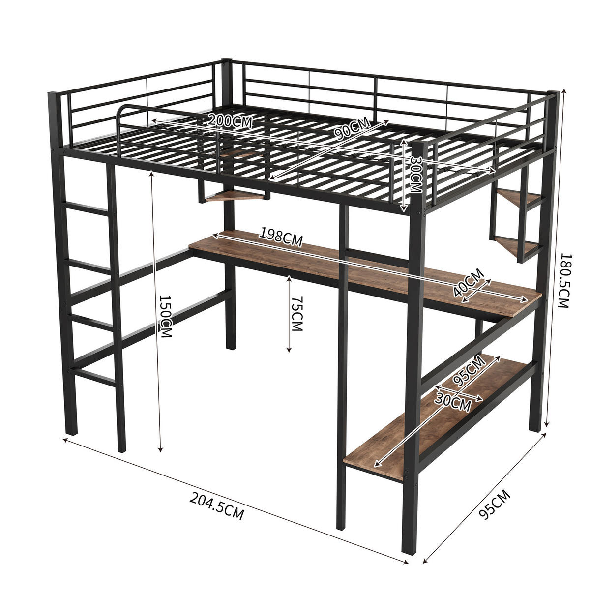 HOCHBETT 90/200 cm mit Schreibtisch, 4 Regalen und Bücherregal aus Metall, Schwarz - Schwarz, Metall (90/200cm) - Redom