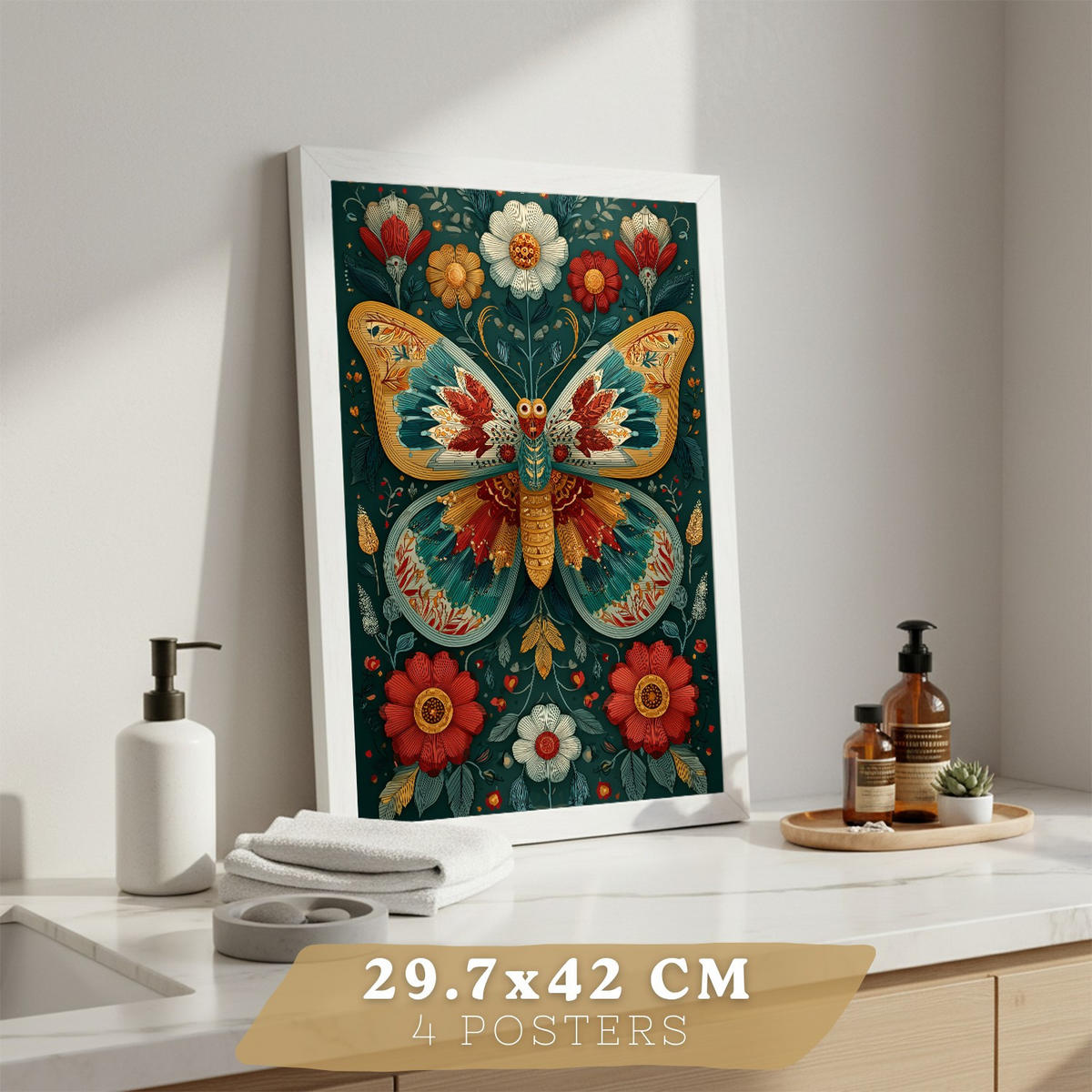 PLAKÁT Sada 4 barevných tisků lidového umění Bílý rám A3 - bílá, papír (42/29.7/3cm) - Nacnic