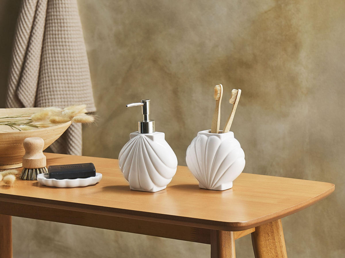 BADEZIMMER Set 3-teilig Keramik weiß Muschelform Shell - Weiß, Stein (14/18/7cm) - Beliani