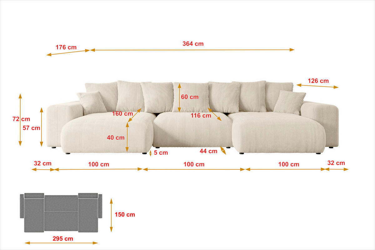 WOHNLANDSCHAFT mit Schlaffunktion ESKAR-U -364x176x72cm Beige Cord - Beige/Schwarz, Holzwerkstoff/Kunststoff (364/72/176cm) - ALTDECOR