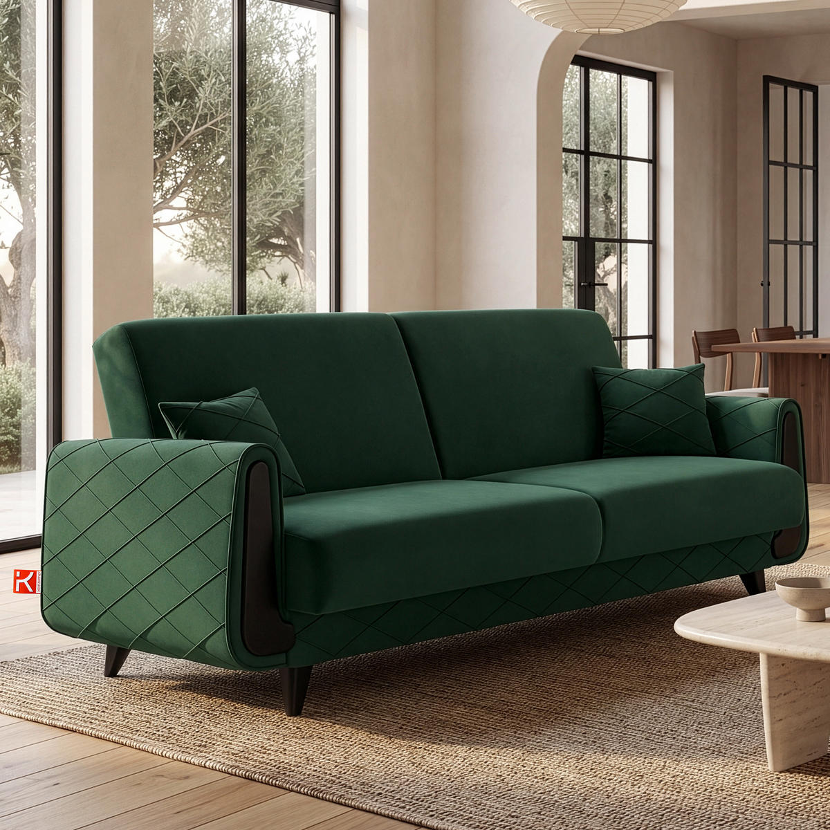 3-SITZER-SOFA GUSTAVO III Sofa 3 Velours, Dunkelgrün - Dunkelgrün, Holz/Holzwerkstoff (230/98/98cm) - KONSIMO®