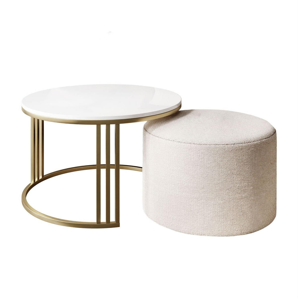 COUCHTISCH mit Hocker LORI Hochglanz gebürstetes Gold/weißer Glanz/Perfect Harmony 01 - Weiß, Metall (70/70/49cm) - Lookway