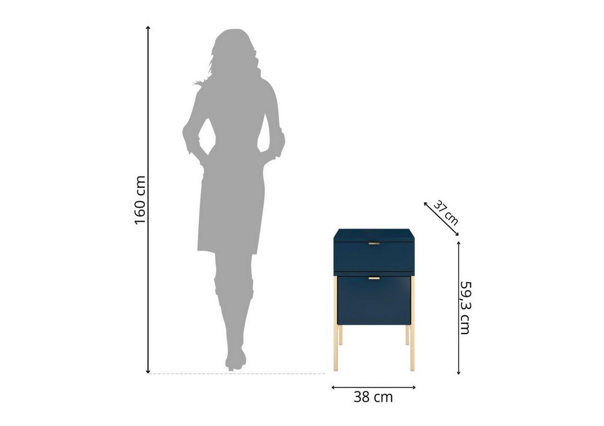 NACHTTISCH Polka, Marineblau, Goldene Details - Goldfarben/Dunkelblau, Holzwerkstoff/Metall (38/59/37cm) - Skandica