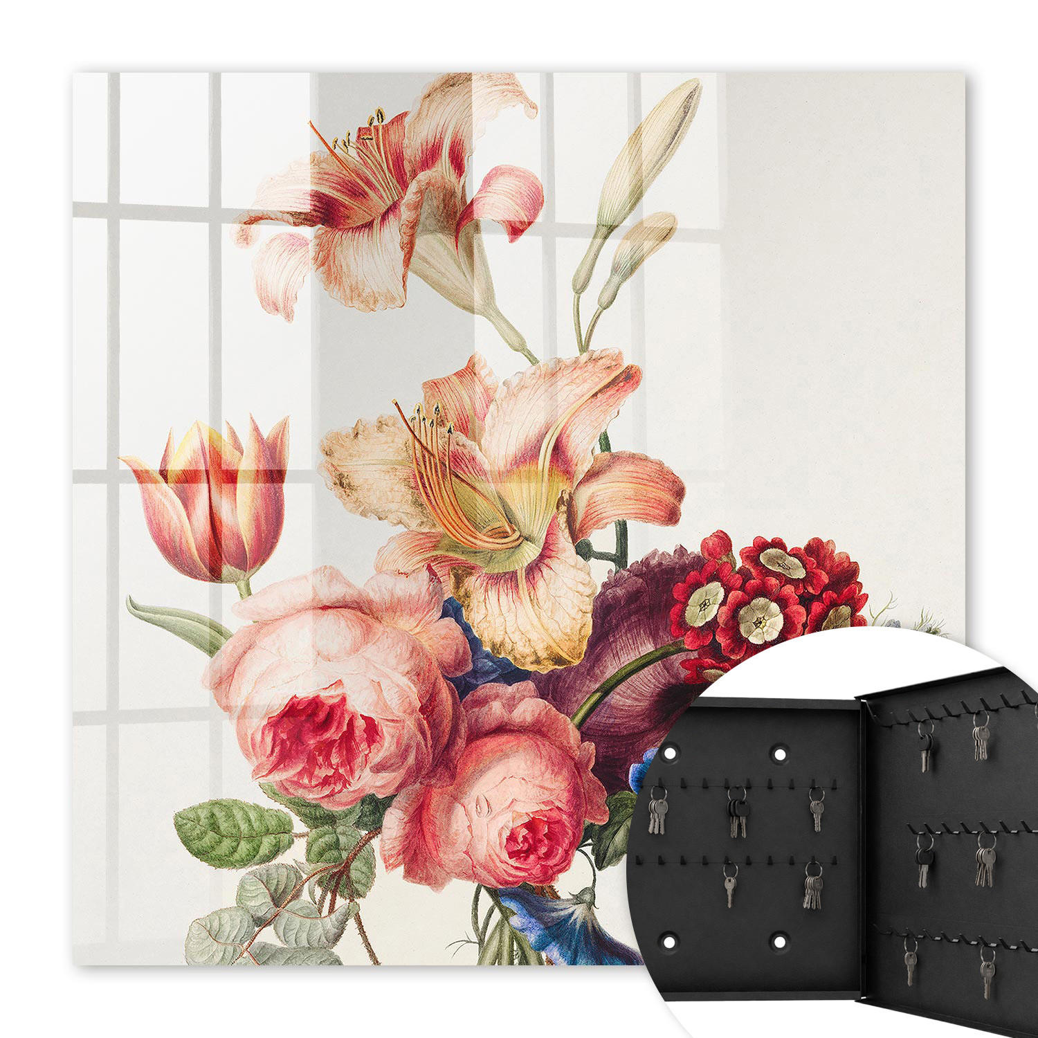 SCHLÜSSELBOX Schwarz 30x30 cm- Türöffnung nach rechts - Bunte Blumen - Pink, Metall (30/30/5cm) - TULUP