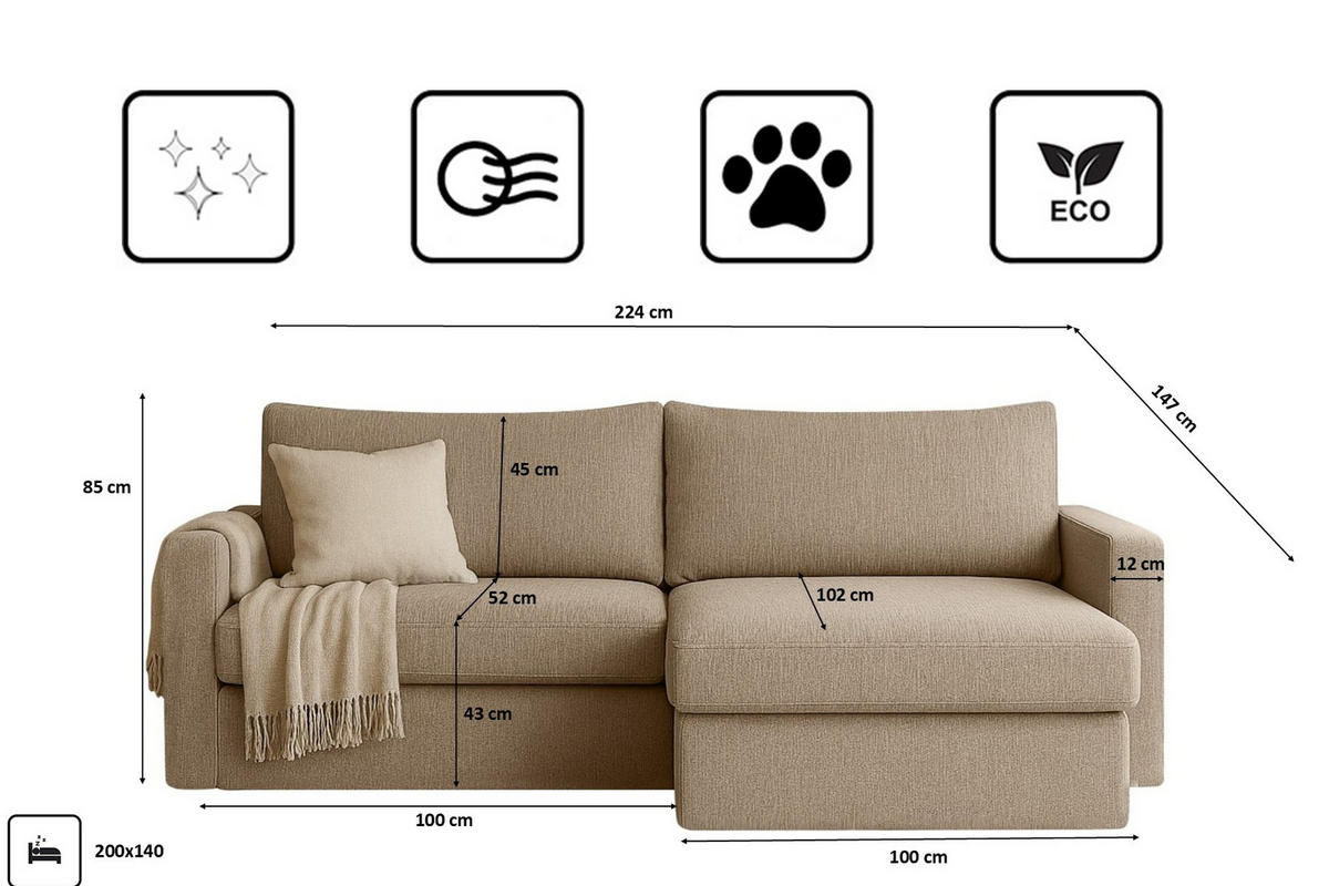 ECKSOFA Mit Schlaffunktion Und Bettzeugablage LUBEKA Stoff Faro Dunkelbeige Rechts - Cappuccino, Holz (224/147cm) - Kaiser Möbel