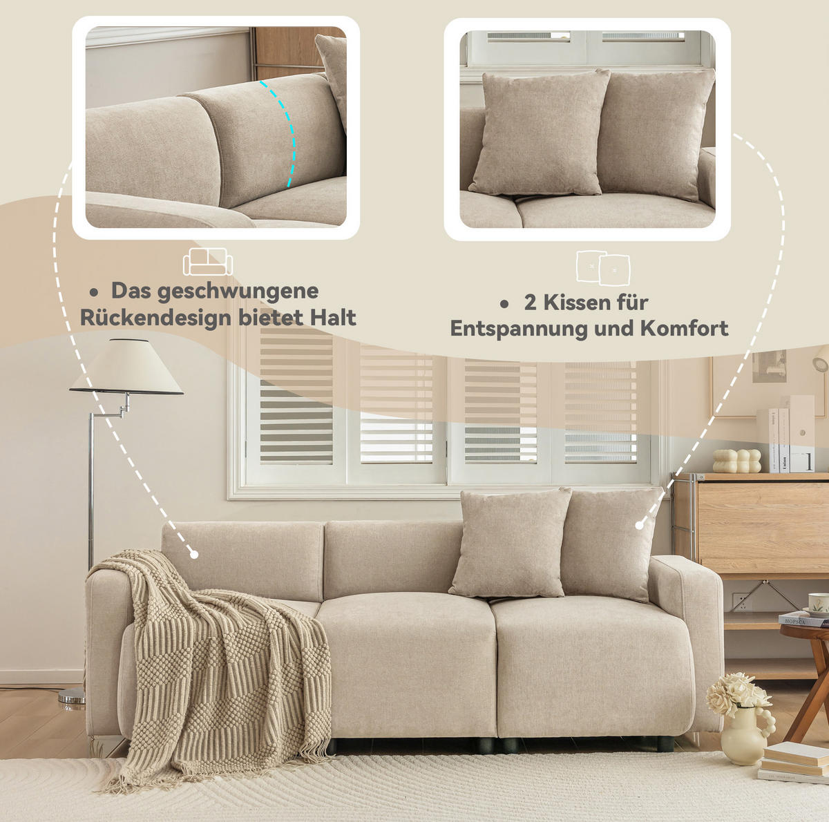 3-SITZER-SOFA aus Chenille 211x67x71 cm Beige mit 2 Kissen, extra breiter Sitzfläche und erhöhter Rückenlehne - Beige, Textil (211/71/67cm) - Modfu