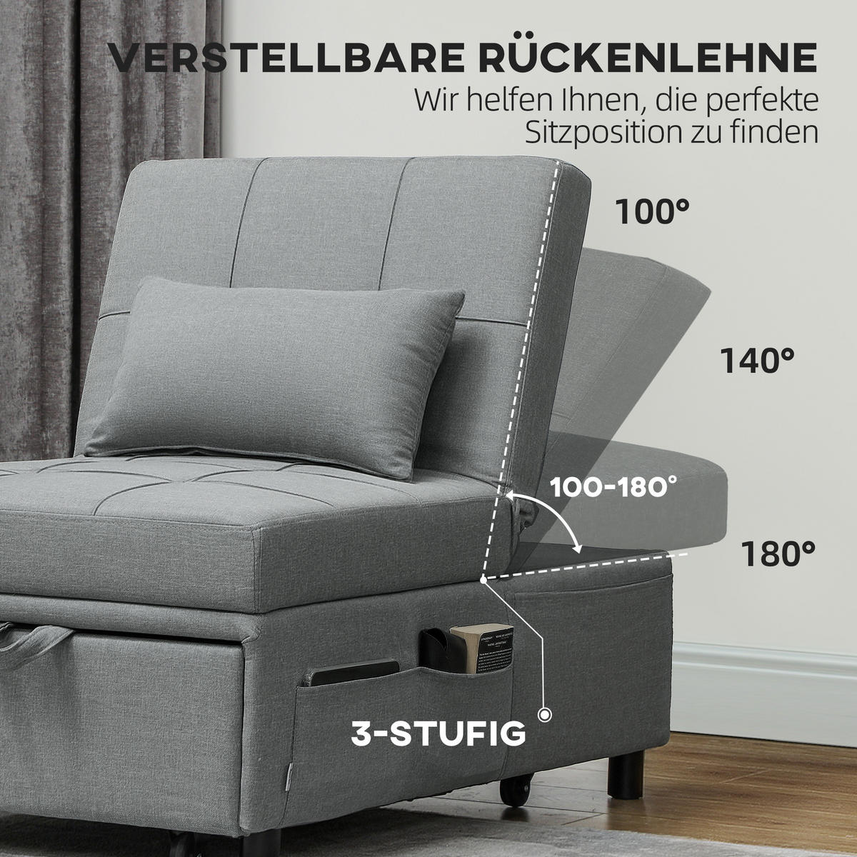 SCHLAFSESSEL 3-in-1, mit Bettfunktion, Hellgrau - Hellgrau, Textil (65.5/81/104cm) - HOMCOM