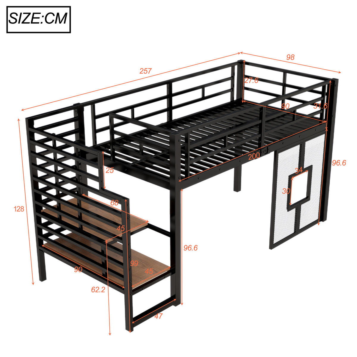 HOCHBETT 90/200 cm in Schwarz mit Stauraumtreppe, LED und Fenstern - Schwarz, Holzwerkstoff/Metall (90/200cm) - STILVORA