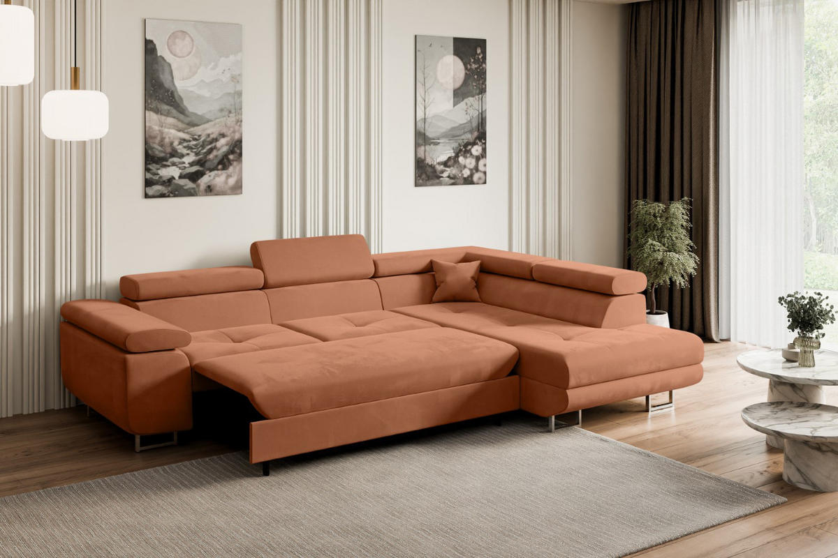 ECKSOFA mit Schlaffunktion und Bettkasten GUSA-L 272x202x107 cm Koralle Velours - Koralle/Silberfarben, Holzwerkstoff/Textil (272/202cm) - ALTDECOR
