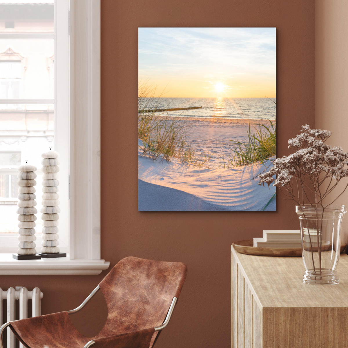 KOVOVÝ OBRAZ Pláž - Slnko - Duny - Tráva - Piesok - Horizont 60x80 cm - svetlomodrá, kov (60/80cm) - MuchoWow