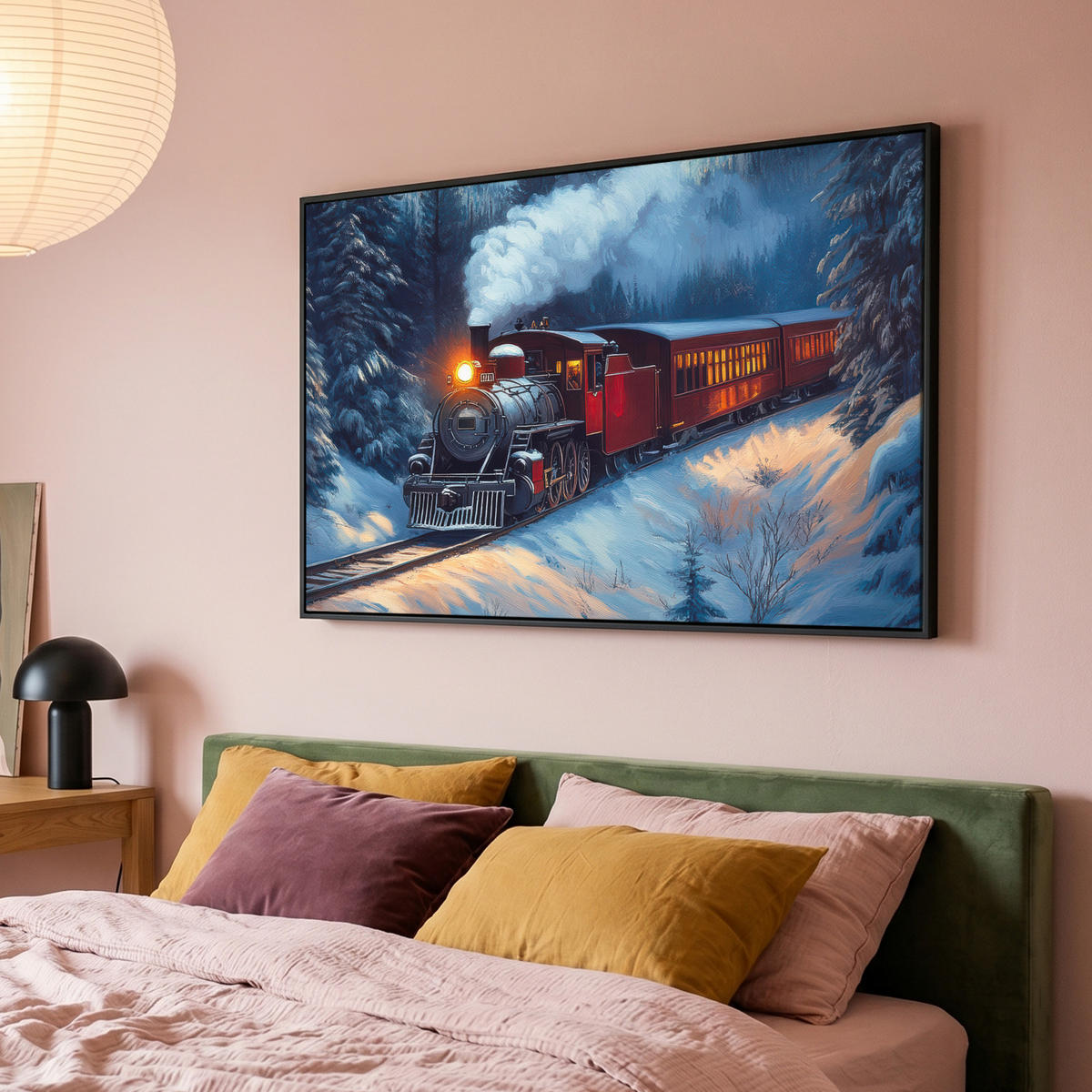 LEINWAND Bilder mit Rahmen - Zug - Weihnachten - Schnee - Weihnachtszug - 140x90 - Anthrazit, Textil (140/90cm) - MuchoWow