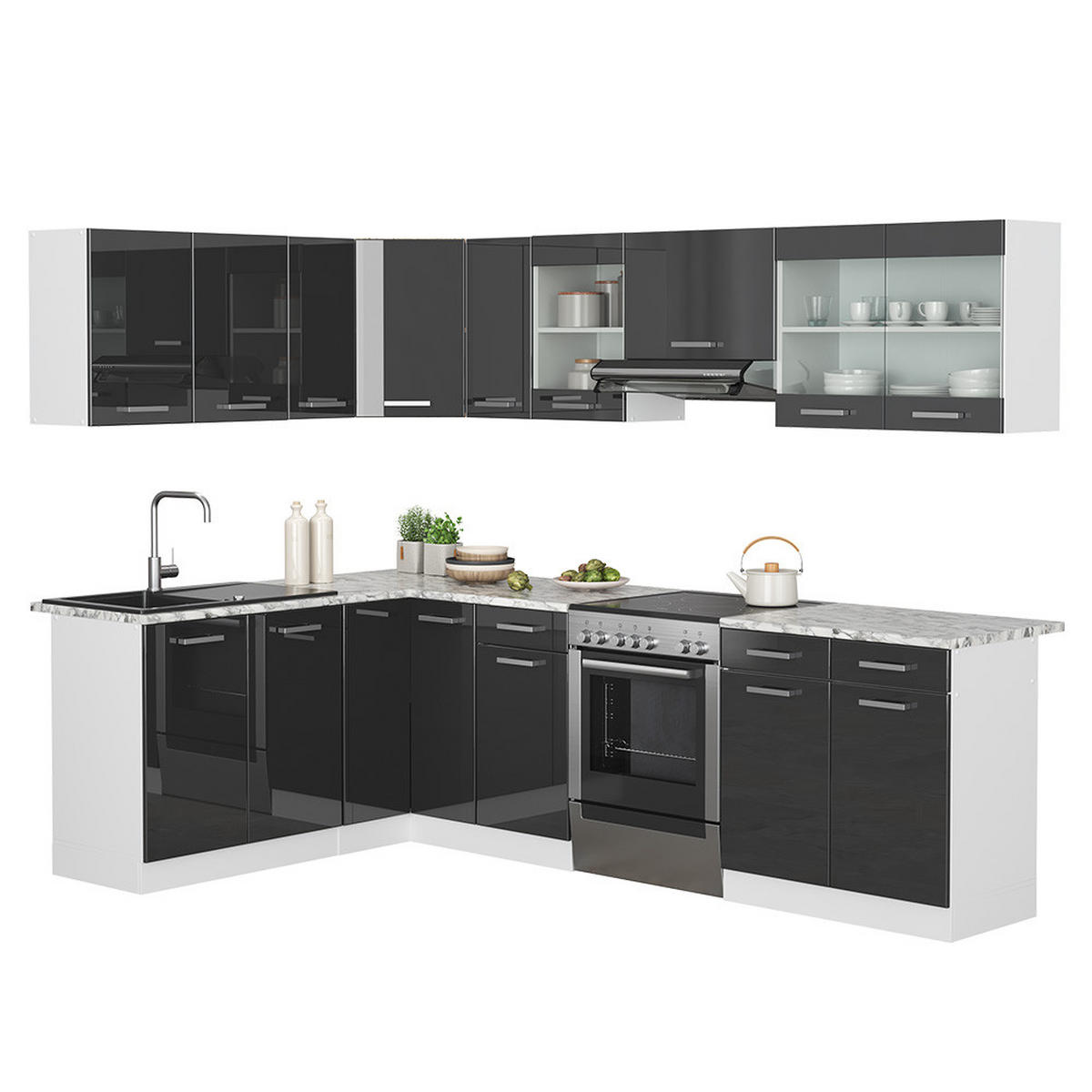 ECKKÜCHE Rick Weiß/Anthrazit Hochglanz 267 x 167 cm , AP Marmor - Anthrazit/Weiß, Holzwerkstoff (270/81.6/60cm) - Vicco