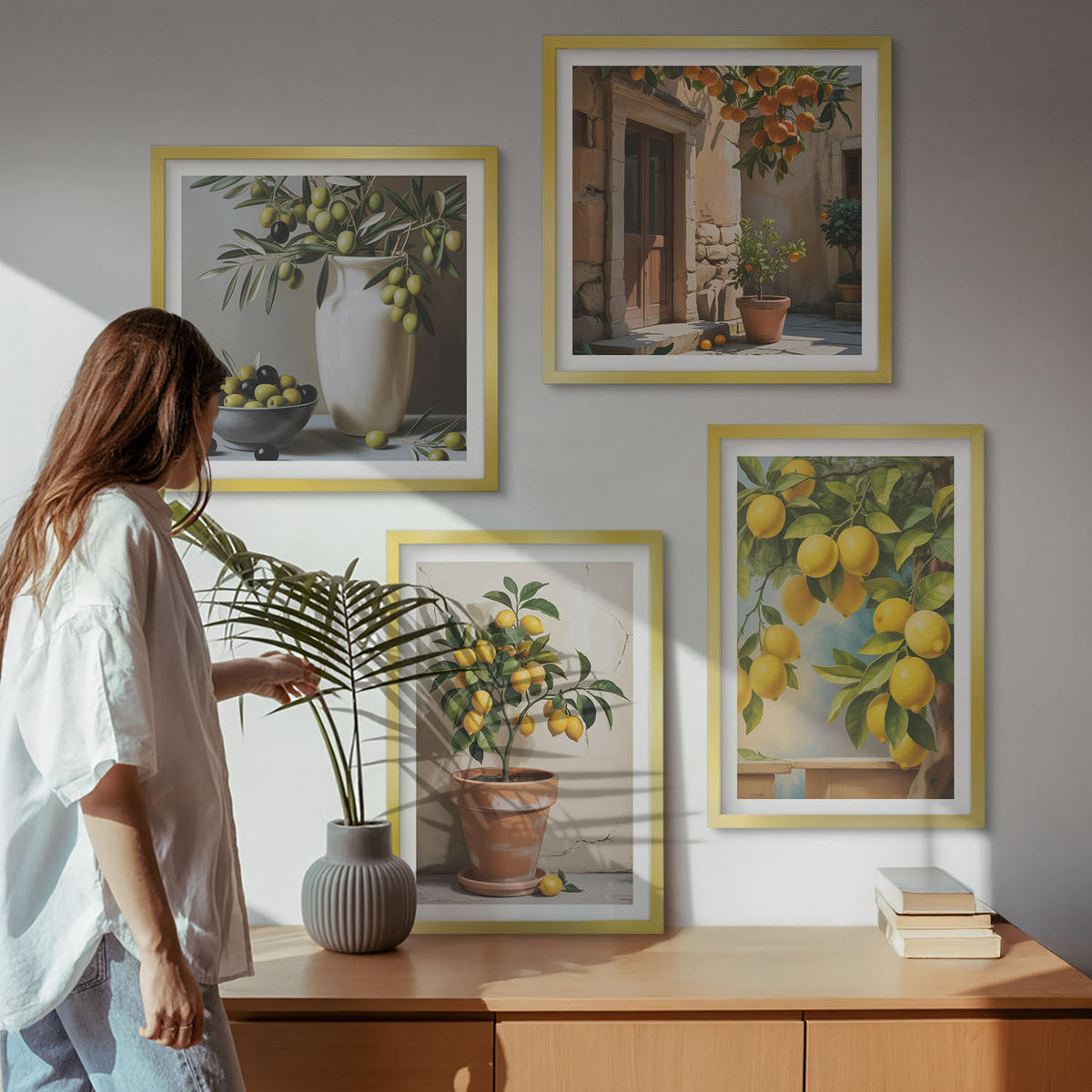 BILDER SET 4er Set - 50x50 cm & 40x60 cm Goldrahmen - Zitronenbäume im Topf - Goldfarben, Kunststoff (50/50cm) - TULUP