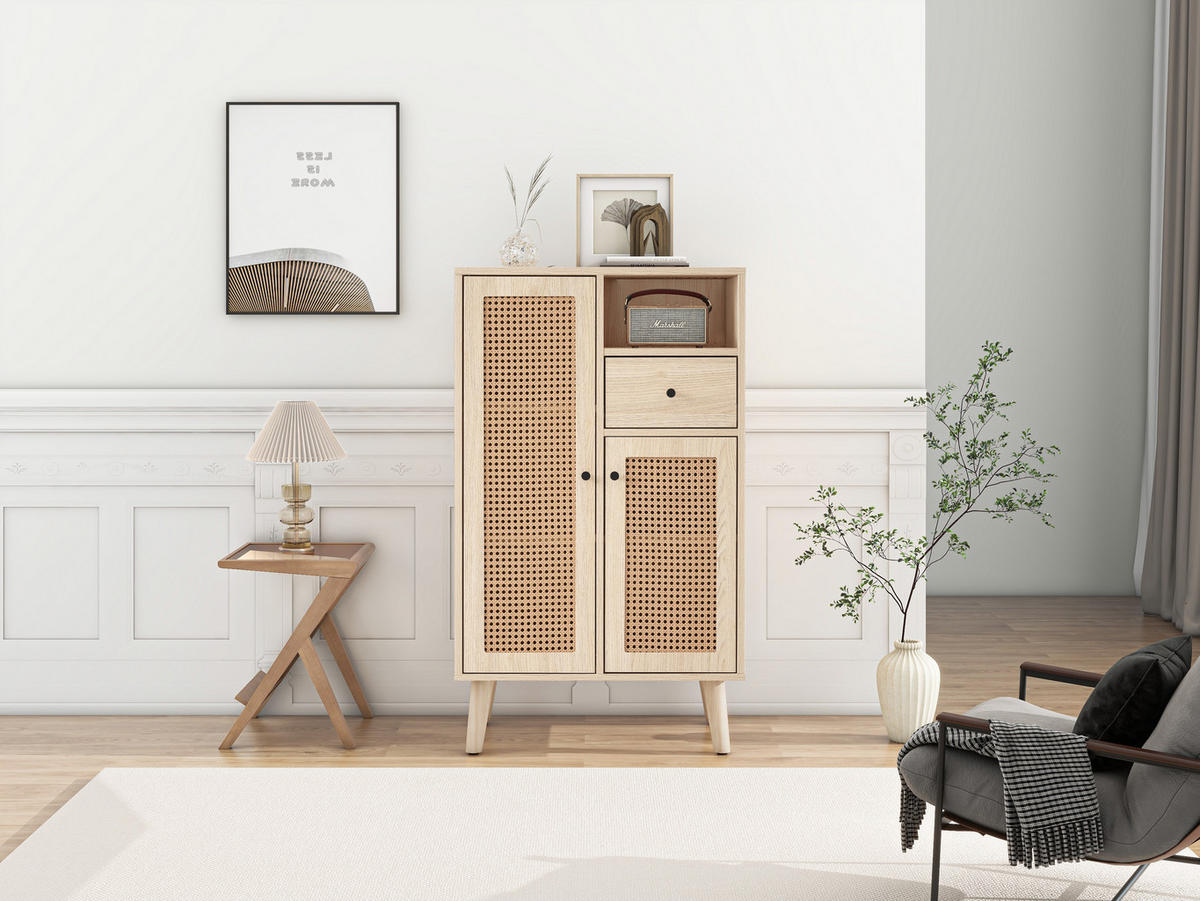 HIGHBOARD Eiche mit Rattanfronten und Schubladen - Eichefarben, Holzwerkstoff (60/101/40cm) - Urban Meuble