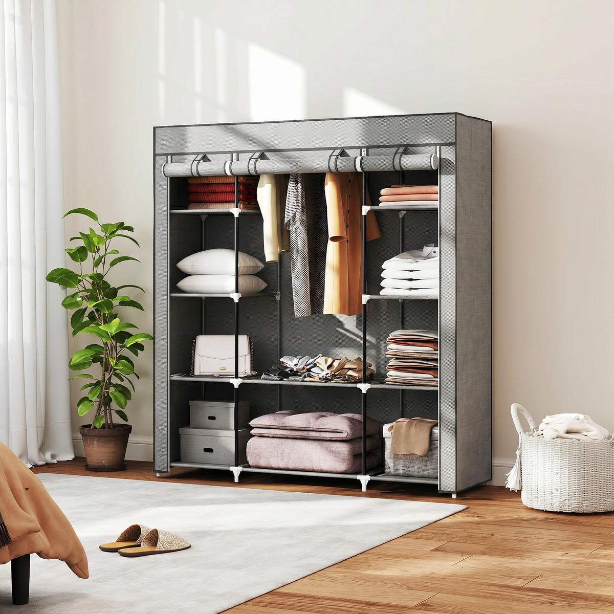 STOFFSCHRANK Hellgrau 1 Stück - Hellgrau, Naturmaterialien (150/162.5/43cm) - GiPP