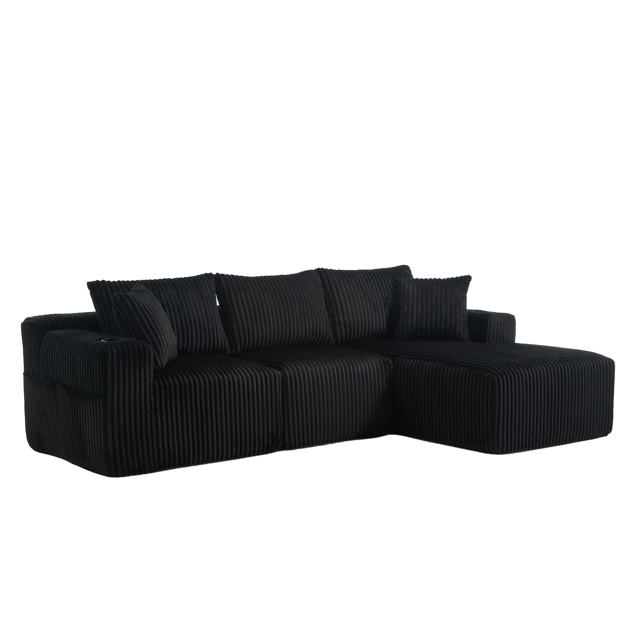 MODULARES Sofa-Set Cord mit Chaiselongue und 2-Sitzer Taschen und Getränkehalter 257/90-160/62 cm Schwarz - Schwarz, Textil (160/257cm) - Redom