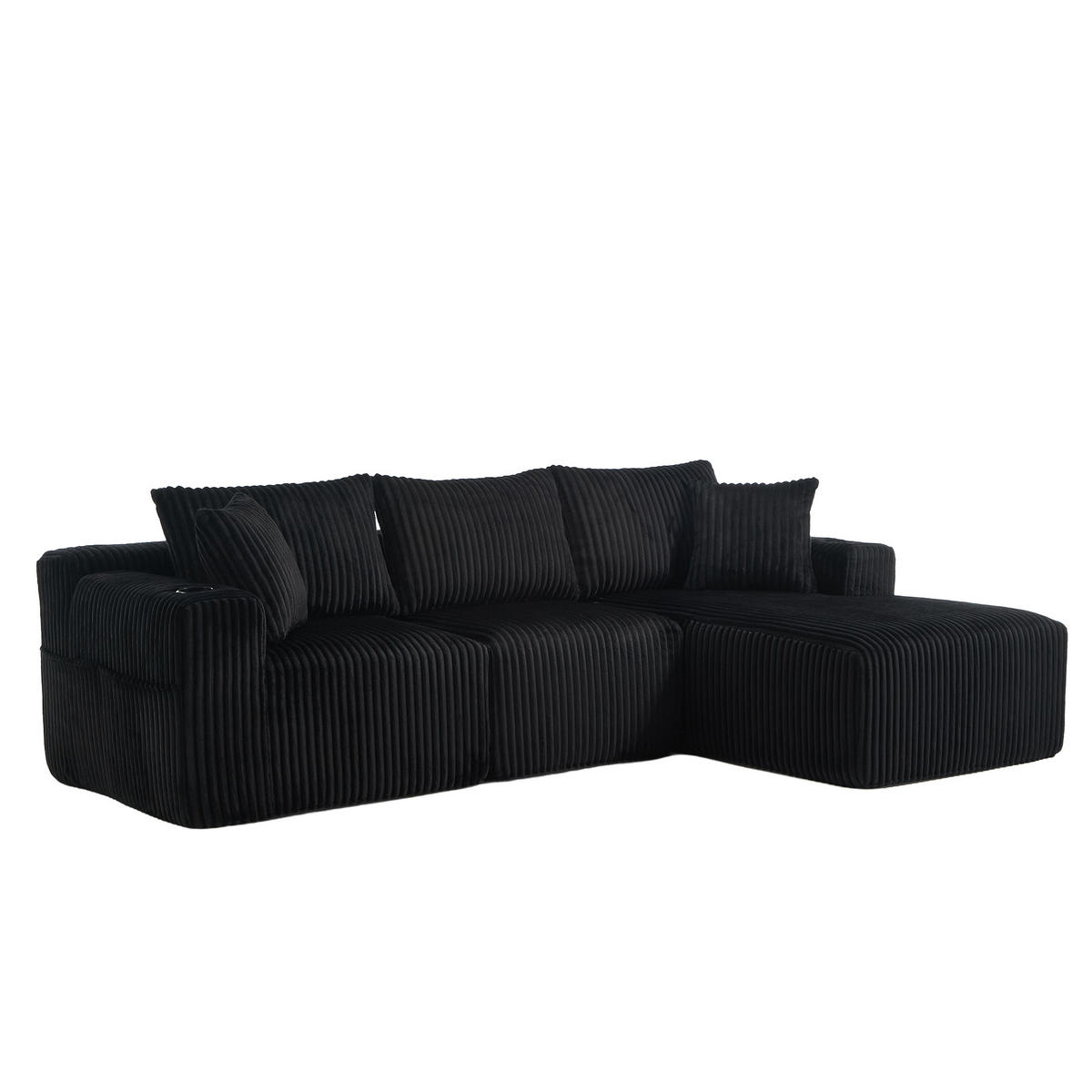 MODULARES Sofa-Set Cord mit Chaiselongue und 2-Sitzer Taschen und Getränkehalter 257/90-160/62 cm Schwarz - Schwarz, Textil (160/257cm) - Redom