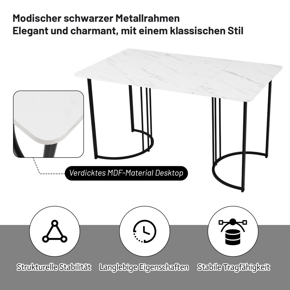 ESSTISCH aus MDF mit Marmormuster, 140/80/75 cm, Schwarz, Metallgestell mit verstellbaren Füßen - Schwarz, Holzwerkstoff (140/80/75cm) - Redom