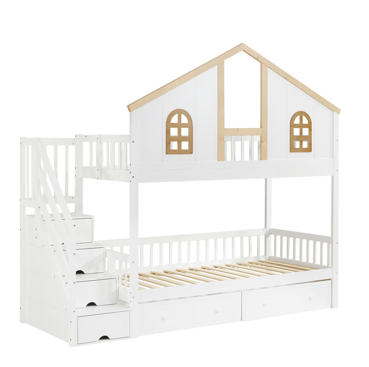 ETAGENBETT 90/200 cm Weiß+Natur mit Stauraumtreppe und zwei Rollen-Schubladen - Weiß, Holzwerkstoff (90/200cm) - OKWISH