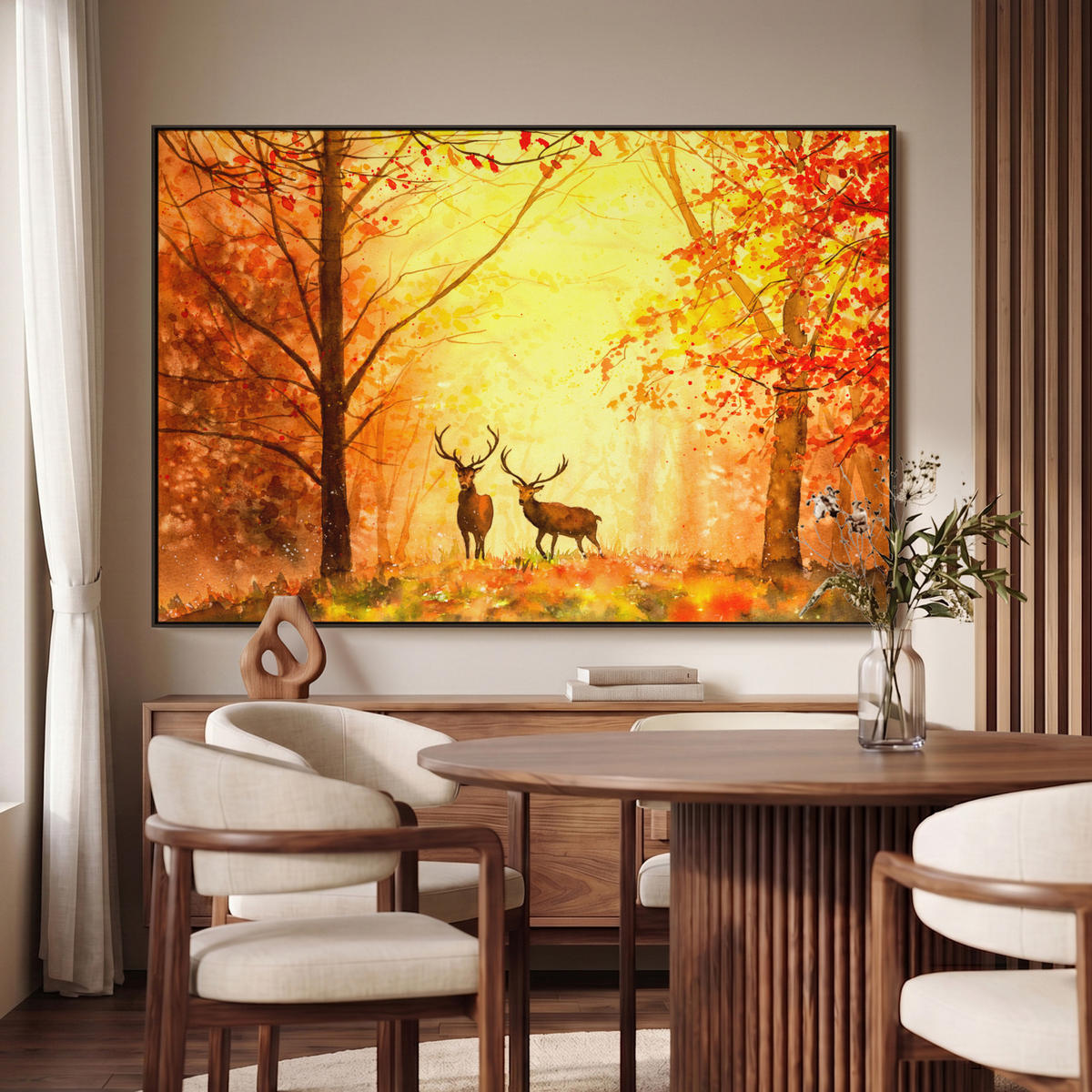 LEINWAND Bilder mit Rahmen - Natur - Ölfarbe - Hirsche - Tiere - Herbst - Orange - 150x100 - Orange, Textil (150/100cm) - MuchoWow
